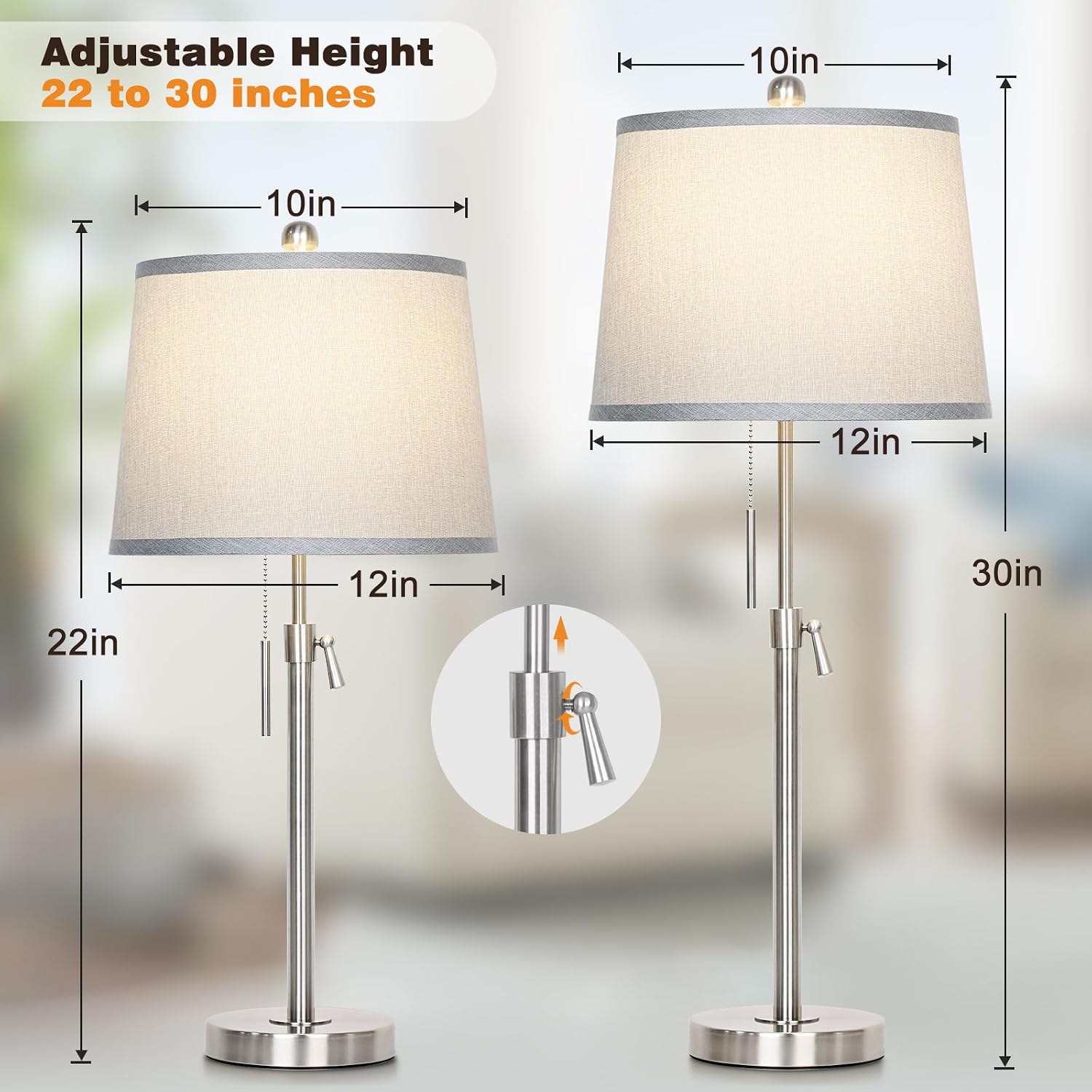 JUNNAI Table Lamps Set of 2, Bedside Lamp Silver Tall Table Lamps for Living Room End Tables, 22" to 30" Adjustable Height Lamp for…