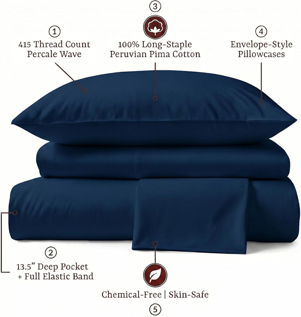 Perupima Peru Pima 415 Thread Count Percal King Sheet Set - 100% Peruvian Pima Cotton, 4 Piece (Flat, Fitted, 2 Pillowcases) - Cooling, Cri…