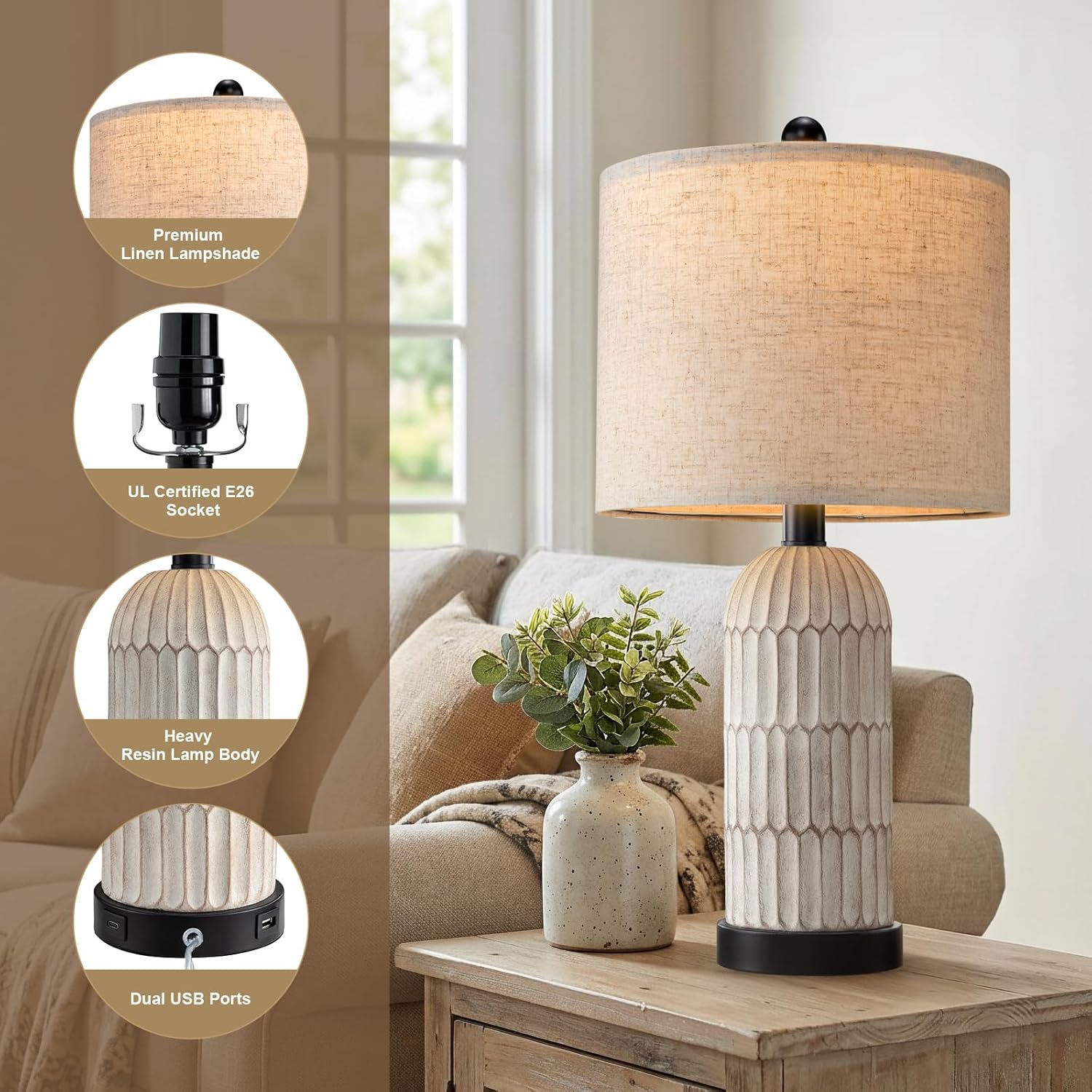 OYEARS 22.5" Bedside Table Lamps Set of 2, Farmhouse Table Lamp with USB A+C Charging Ports, Vintage Nightstand Lamp for Bedrooms and…