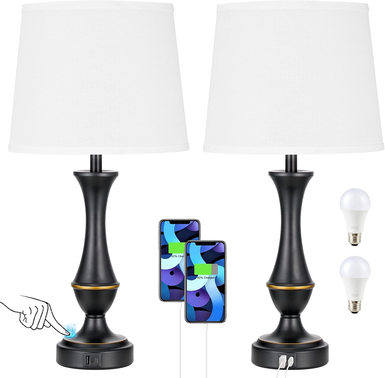 Seealle Upgraded Touch Lamps for Bedrooms Set of 2 - Nightstand Table Lamp with USB C+A, 3 Way Dimmable Lamps for Living Room, Office(White)