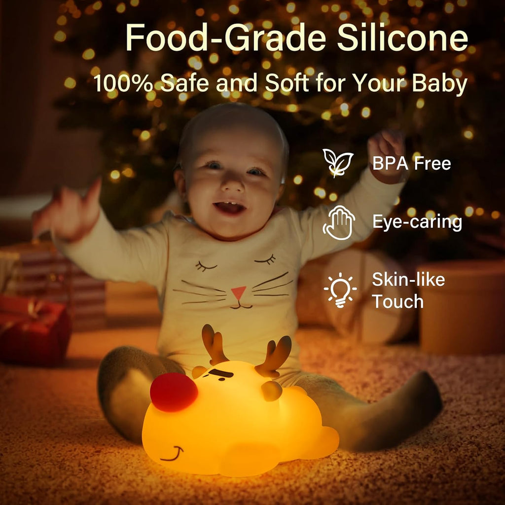 Reindeer Night Light, Soft Squishy Silicone Kids Nightlight, 3 Level Dimmable Touch Lamp with Timer, 1200mAh USB Rechargeable Baby…