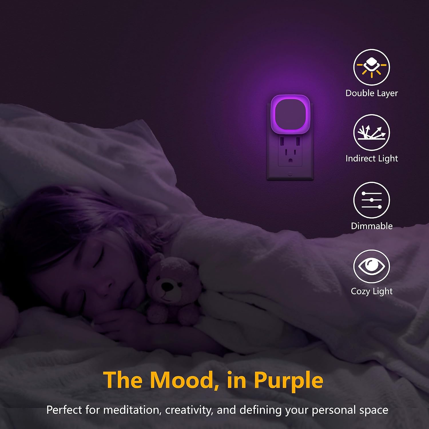 Yunlex 2 Pack Purple Night Light, Gentle Eye-comfort with Dimmable Soft Glow & Indirect Reflection, Auto Dusk to Dawn Sensor, Plug in…