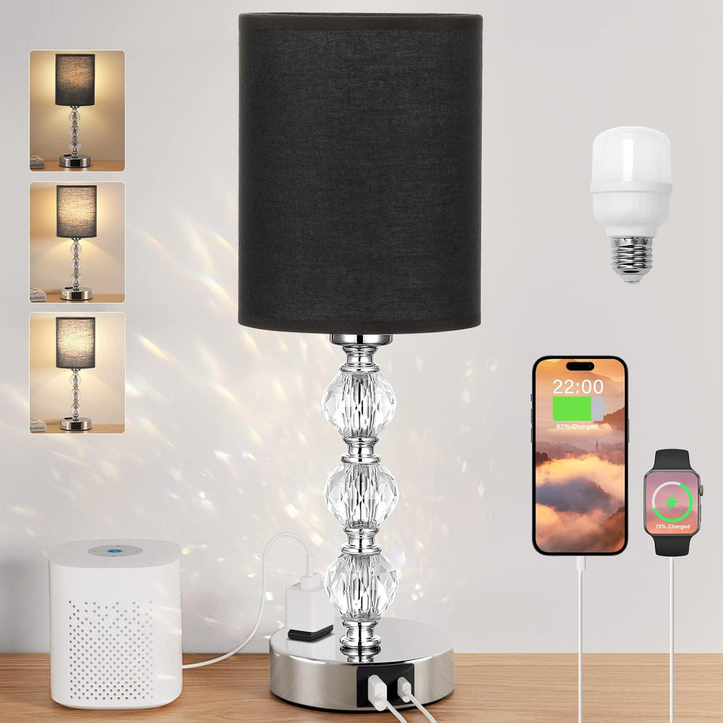 Black Touch Bedside Lamps for Bedrooms - Crystal Table Lamp with USB C+A Charging Port and AC Outlet Nightstand, 3 Way Dimmable Silver…
