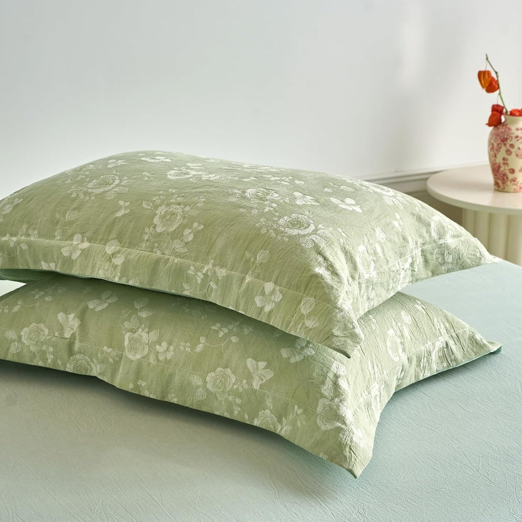 mixinni King Size Reversible Jacquard Duvet Cover Set – 100% Washed Cotton Green Floral Textured Comforter Cover with Vintage Rose & Butter…