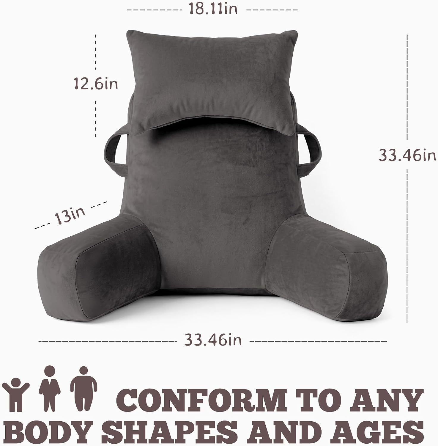 Unisakey Portable Reading Pillows with Headrest for Bed Sitting Up(Light Grey Oeko-Tex), Velvet Back Pillow with Arms & Pockets for…