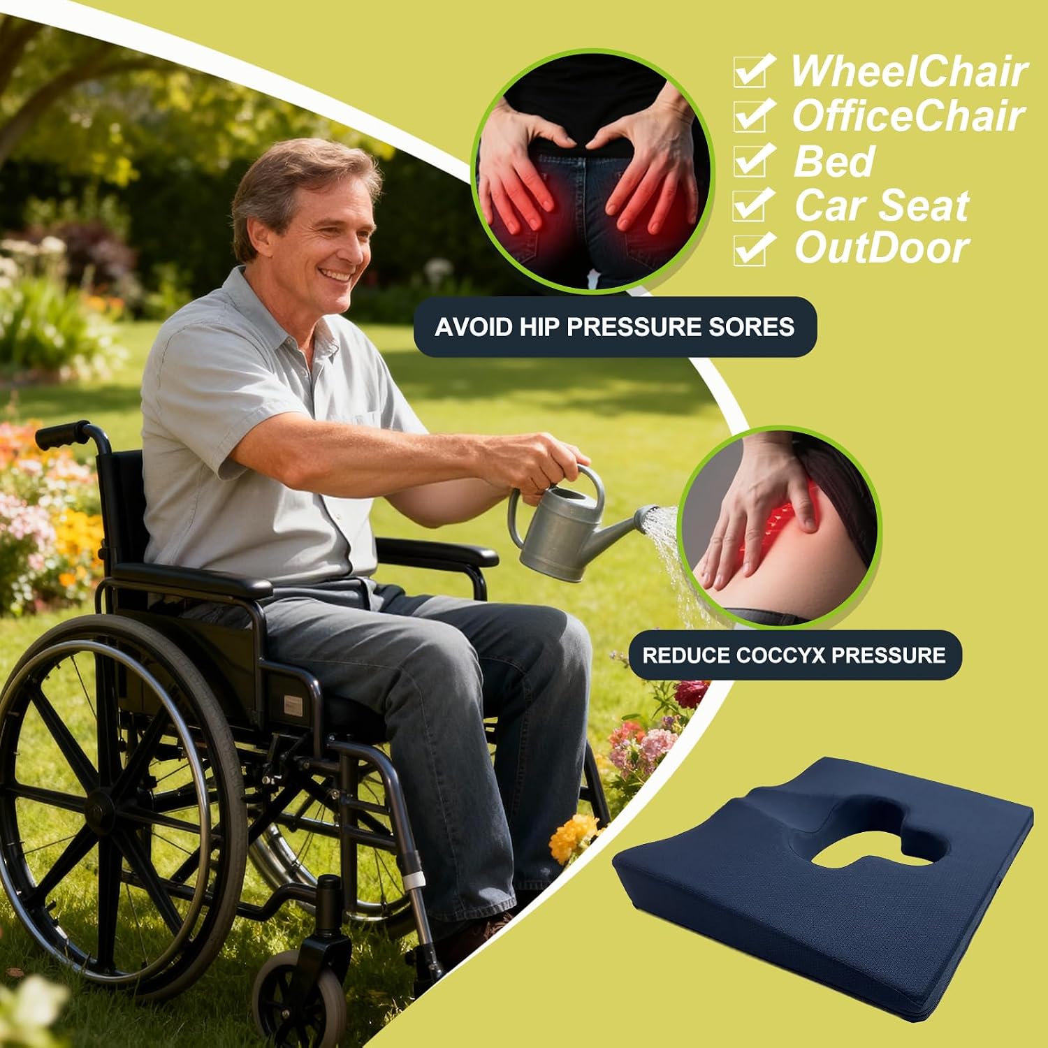 Rivquvi Gel Wheelchair Seat Cushion, Bed Sore Cushions for Butt, hemorrhoid pillow for Chair, Pressure Sore cushion, Memory Foam Butt Pi…