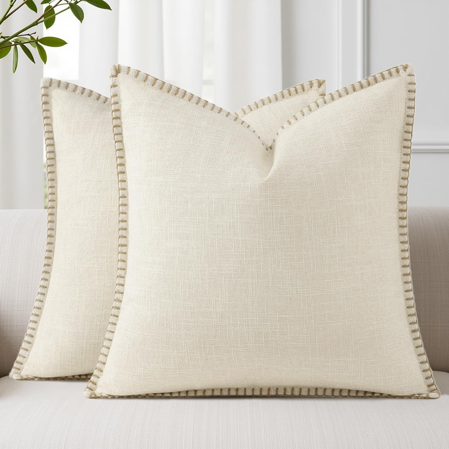 decorUhome Summer Decorative Throw Pillow Covers 26x26 Set of 2 Faux Linen Farmhouse Euro Sham Pillow Covers with Stitched Edge Outdoor…