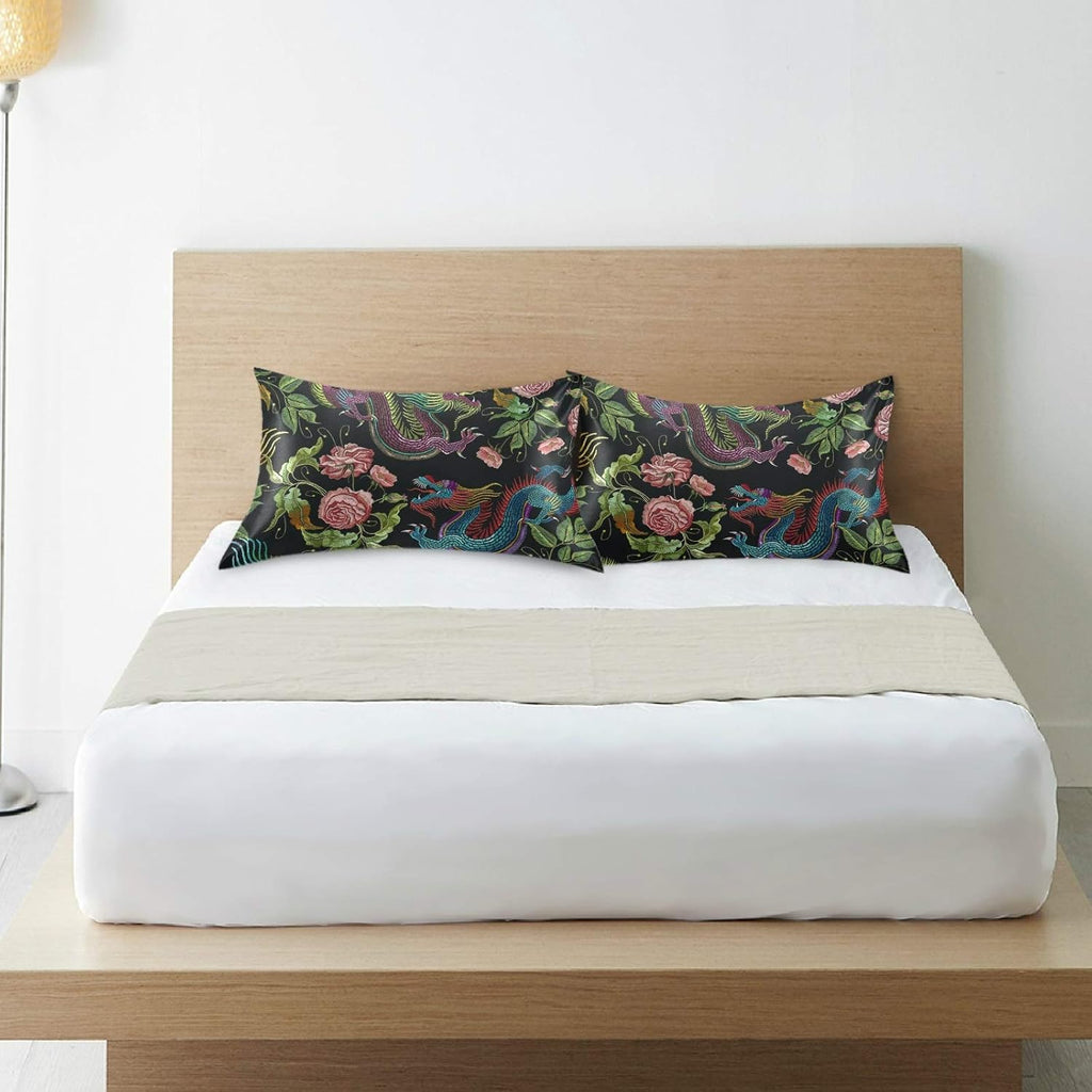 Blueangle Embroidery Chinese Dragon Satin Pillowcase for Hair and Skin Silk Pillowcase, Standard Size(20x26 inches) - Satin Pillow Covers…