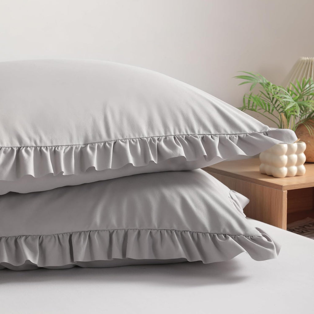 Bedsum Ruffled Pillow Shams Standard 20x26 Set of 2 Brushed Microfiber Pillowcases with Envelope Closure Soft Wrinkle-Resistant Light Grey…