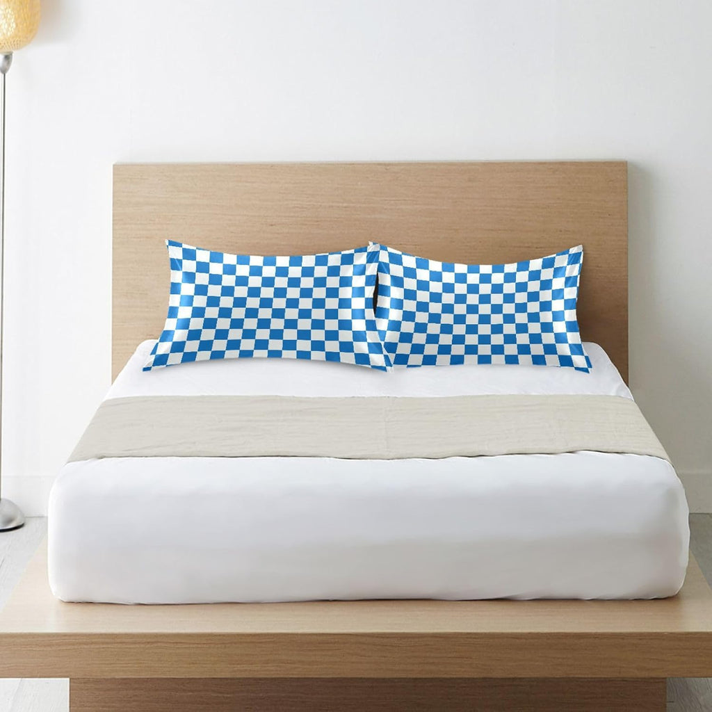Checkerboard White Blue Plaid Print Pillow Covers Silk Pillowcase for Hair and Skin Soft Breathable Cooling Satin Pillowcase Standard…