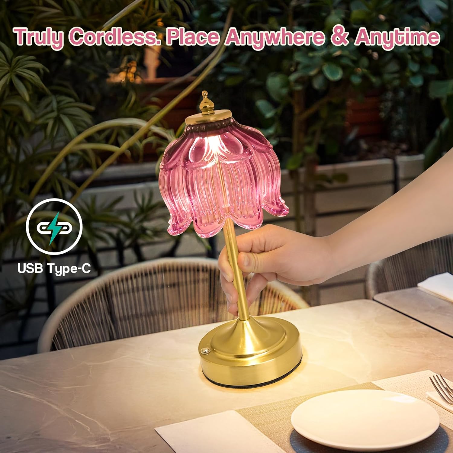 Crkwos Cordless Lotus Flower Table Lamp, 5200mAh Rechargeable Battery Operated Portable Lamp, 3-Color Dimmable Touch Control Small D…