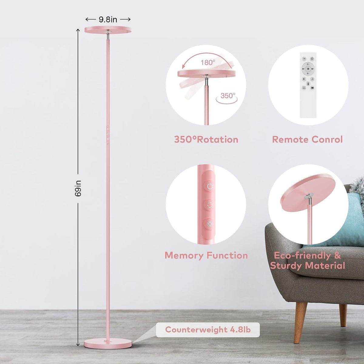 Pink Dimmable Floor Lamp, Bright 36W 3500LM Standing Lamp with Remote Touch Control, 2700K Soft White to 6500K Cool White Adjustable, LED…