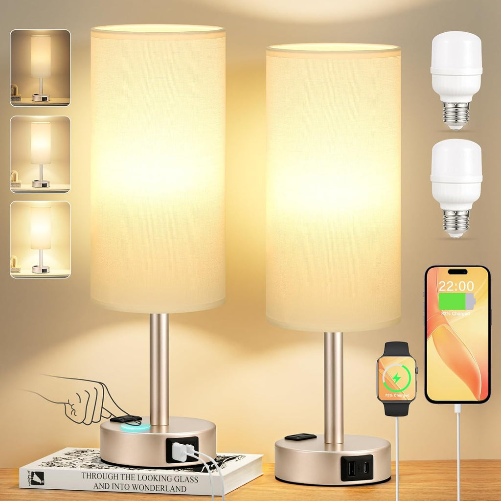 Touch Bedside Table Lamps Set - 3 Way Dimmable Bedroom Lamps Set of 2 with USB C and A Ports, Small Lamps for Nightstand with AC Outlet…