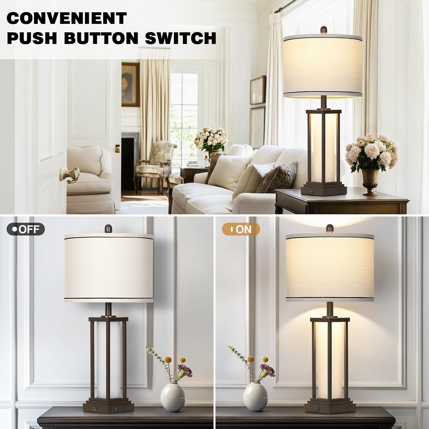 Cinkeda 27" Tall Vintage Table Lamps with USB C+A & Outlet, Brown End Table Lamp Set of 2 for Living Room, Rustic Bedside Lamps with…