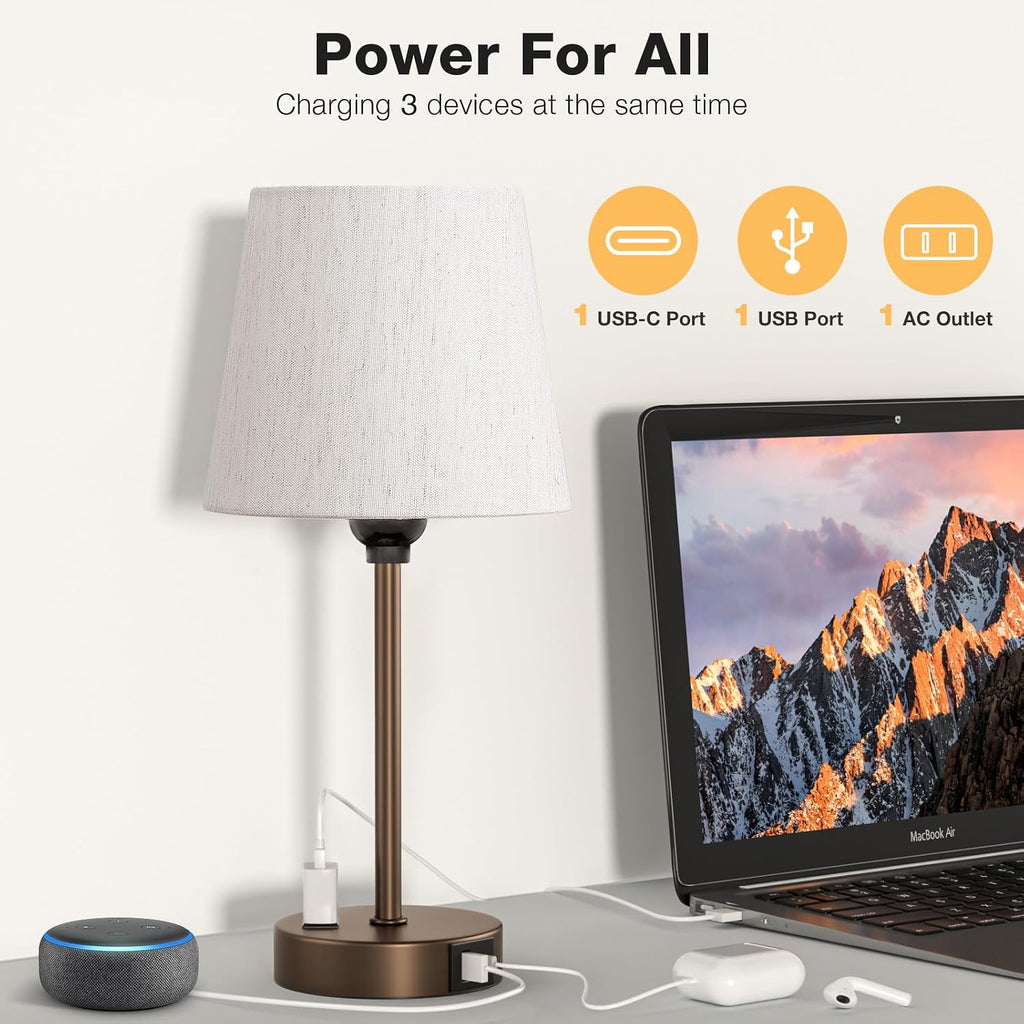 Brown Bedside Lamps for bedrooms Set of 2 - Nightstand Bedroom Lamp with USB C Port and AC Outlet Charging, 3 Way Dimmable Touch Control…