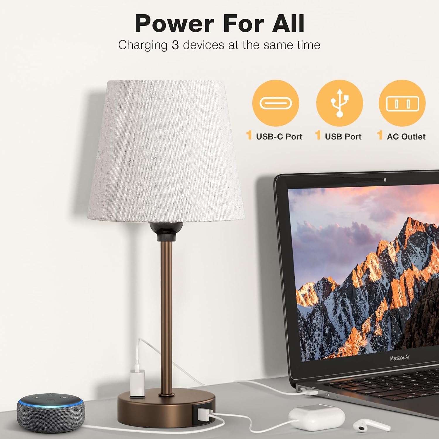 Brown Bedside Lamps for bedrooms Set of 2 - Nightstand Bedroom Lamp with USB C Port and AC Outlet Charging, 3 Way Dimmable Touch Control…