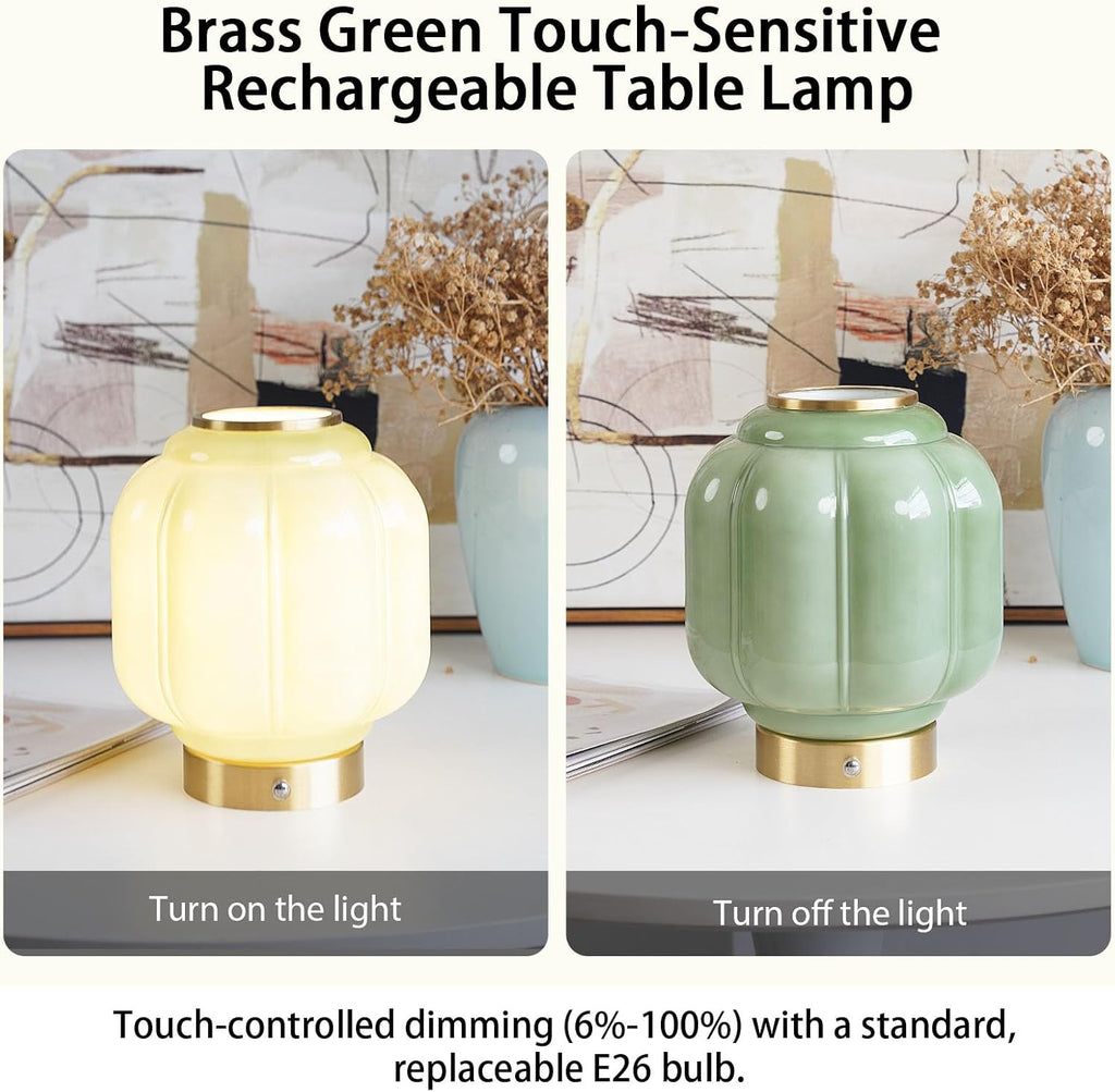 Vintage Green Mushroom Table Lamp, Cordless Rechargeable Touch Dimmable Lamp, Brass Base with Jadeite Glass Shade for Living Room…
