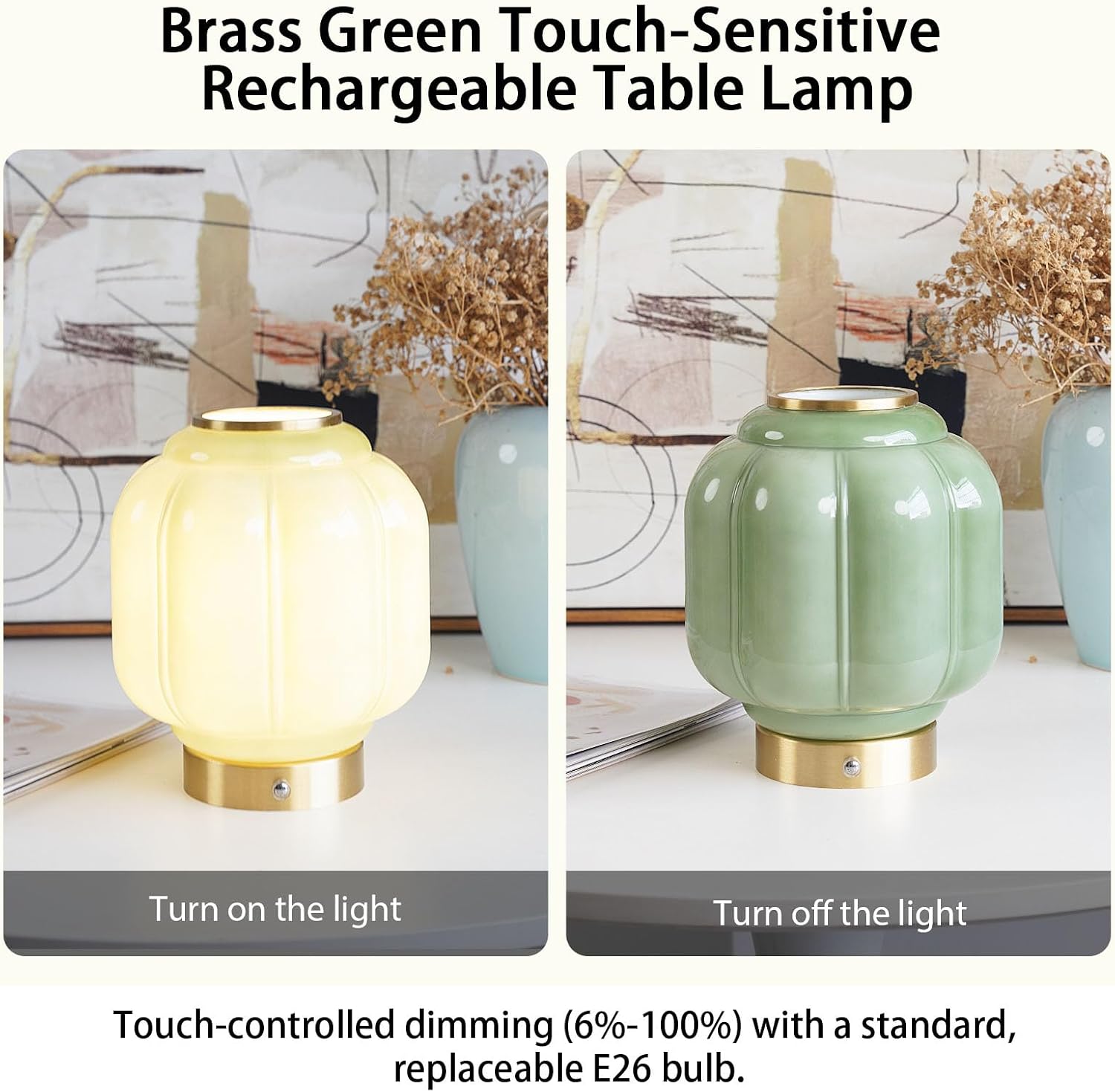 Vintage Green Mushroom Table Lamp, Cordless Rechargeable Touch Dimmable Lamp, Brass Base with Jadeite Glass Shade for Living Room…