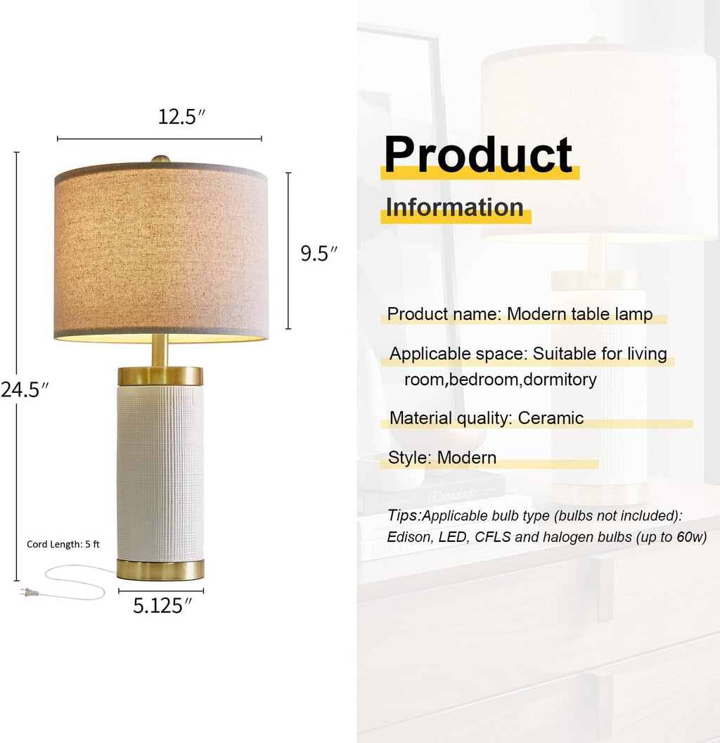 USumkky 24.5" Modern Ceramic White Bedside Lamp for Bedroom Decor Farmhouse Table Lamp for Living Room Office Dorm
