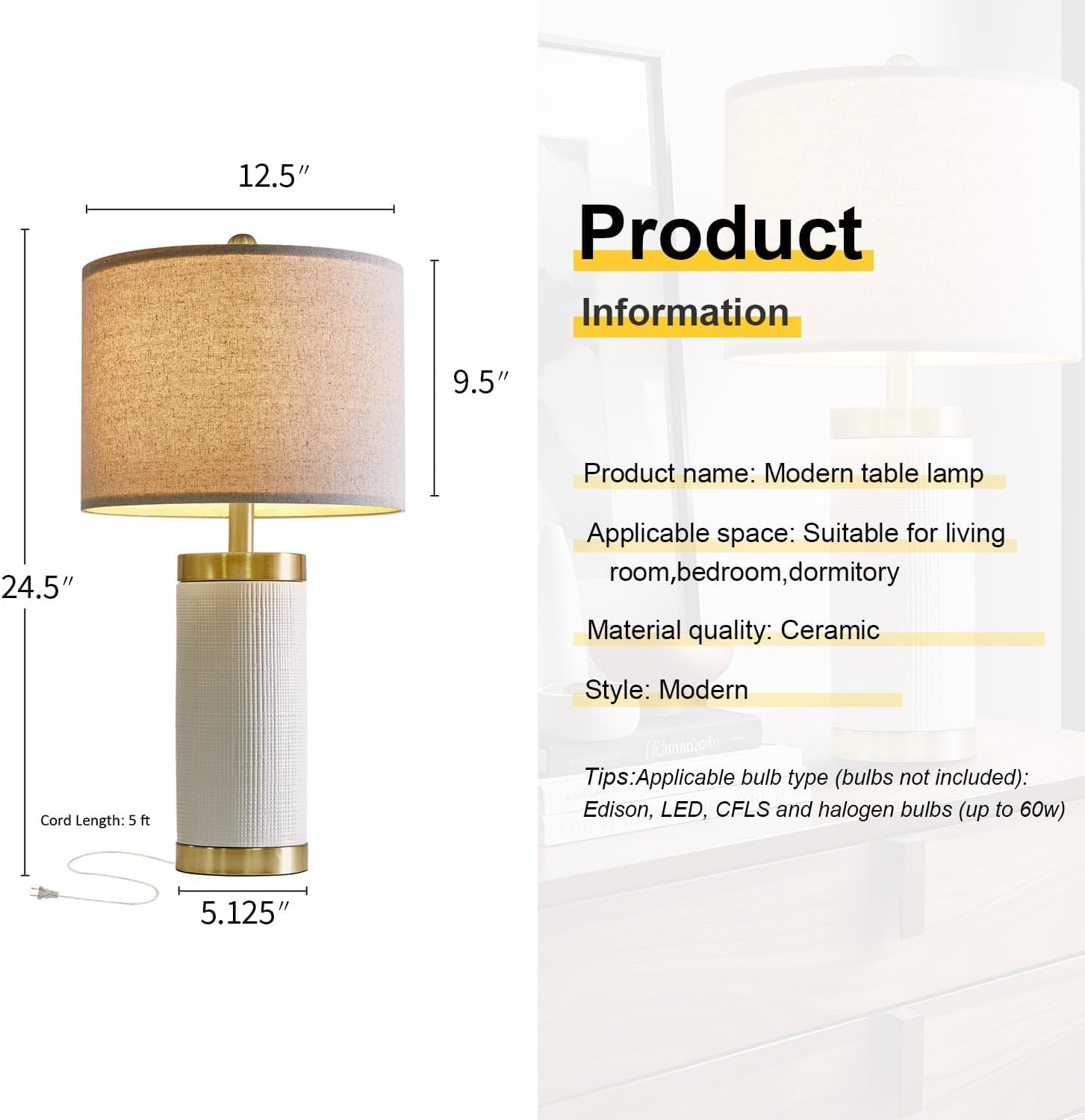 USumkky 24.5" Modern Ceramic White Bedside Lamp for Bedroom Decor Farmhouse Table Lamp for Living Room Office Dorm