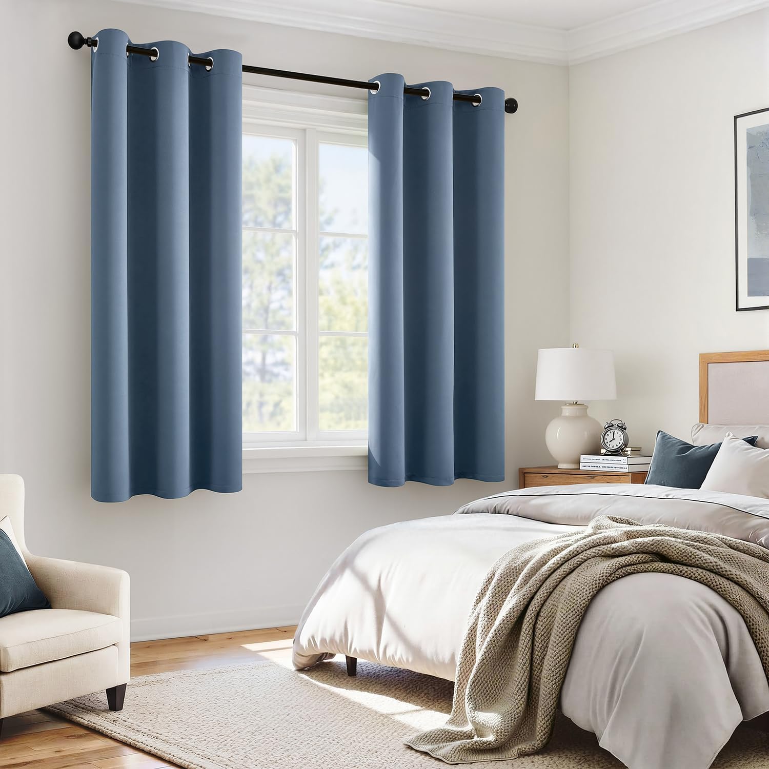 Miulee Stone Blue 100% Blackout Curtains for Bedroom 45 Inch Length, 2 Thick Layers Thermal Insulated Short Window Curtains with Black Line…