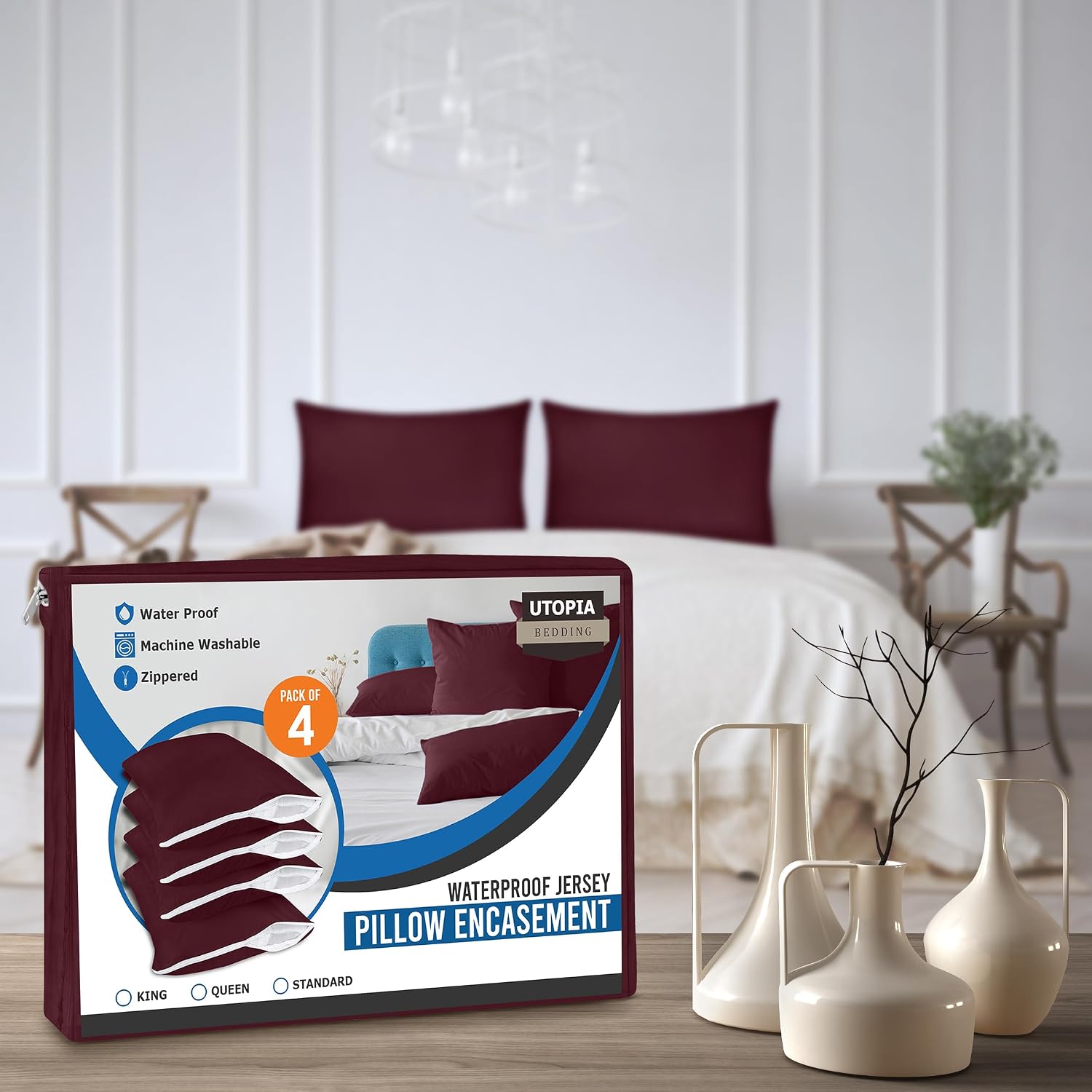 Utopiabedding Utopia Bedding 100% Waterproof Pillow Protectors with Zipper Queen Size (Set of 4), Bed Bug and Dust Mite Proof Zippered Pill…