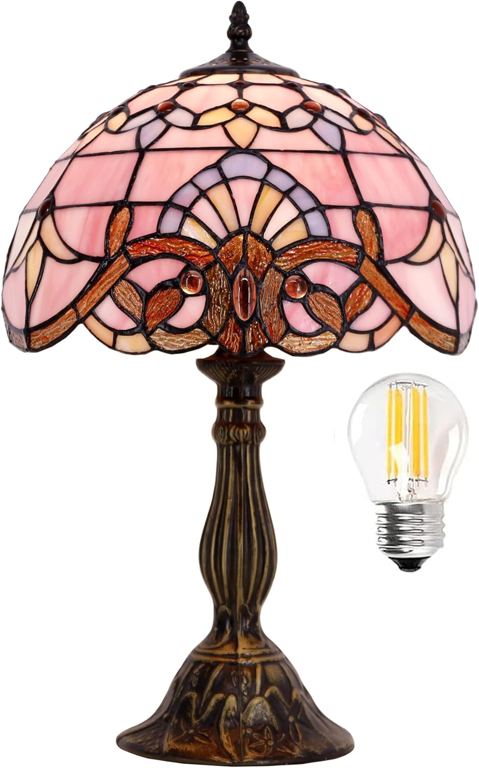 WERFACTORY Tiffany Lamp Stained Glass Table Lamp 12X12X18 Inch Pink Baroque Style Lavender Bedside Reading Desk Light Decor Bedroom…