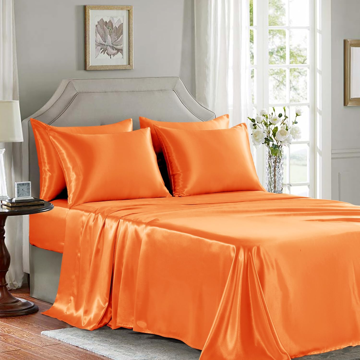 Golal Satin Sheets Queen Size - 6 Pieces Luxury Silky Soft Bed Sheets, Wrinkle-Free Burnt Orange Satin Silk Sheet Set with 1 Deep Pocket Fi…