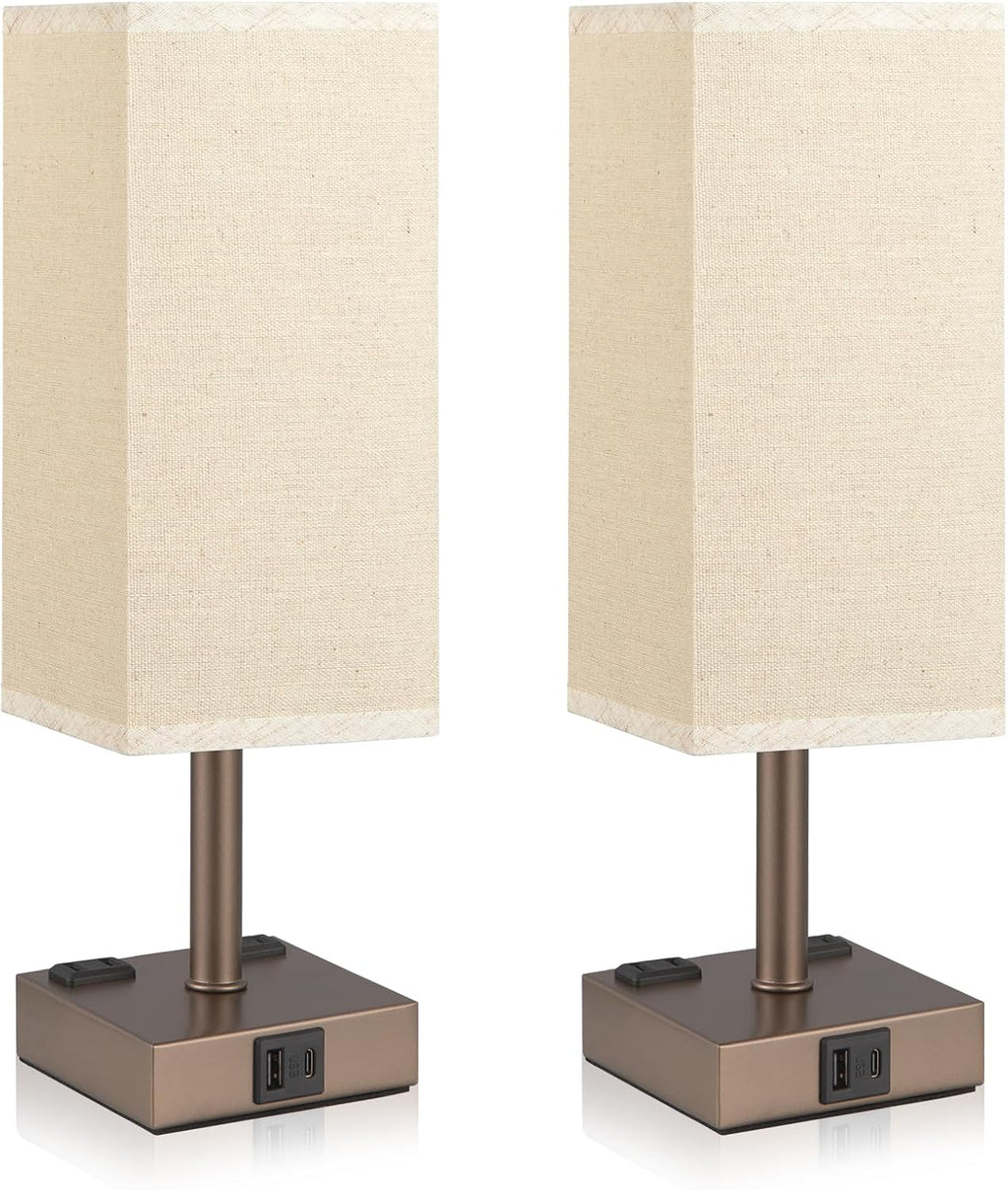 aooshine Brown Base Touch Lamps Set of 2 - Nightstand Lamp with USB-C + A Charge Ports & AC Outlets, 3-Way Dimmable Bedside Lamp, Small…