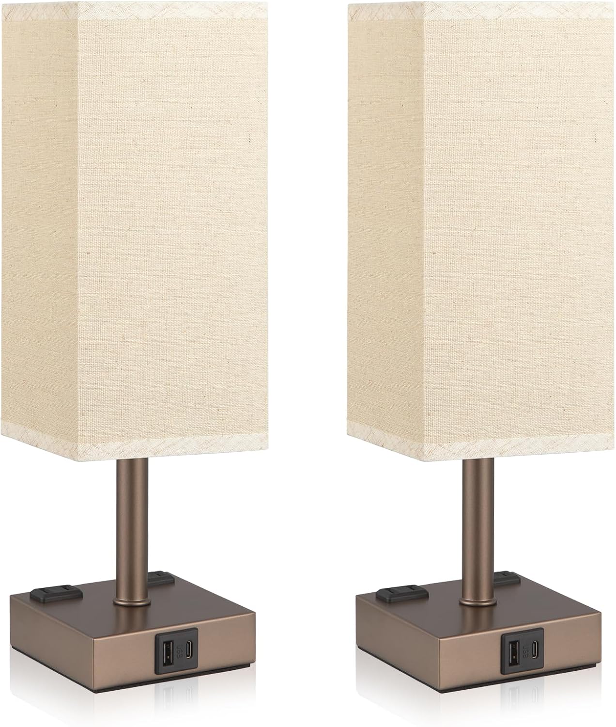 aooshine Brown Base Touch Lamps Set of 2 - Nightstand Lamp with USB-C + A Charge Ports & AC Outlets, 3-Way Dimmable Bedside Lamp, Small…
