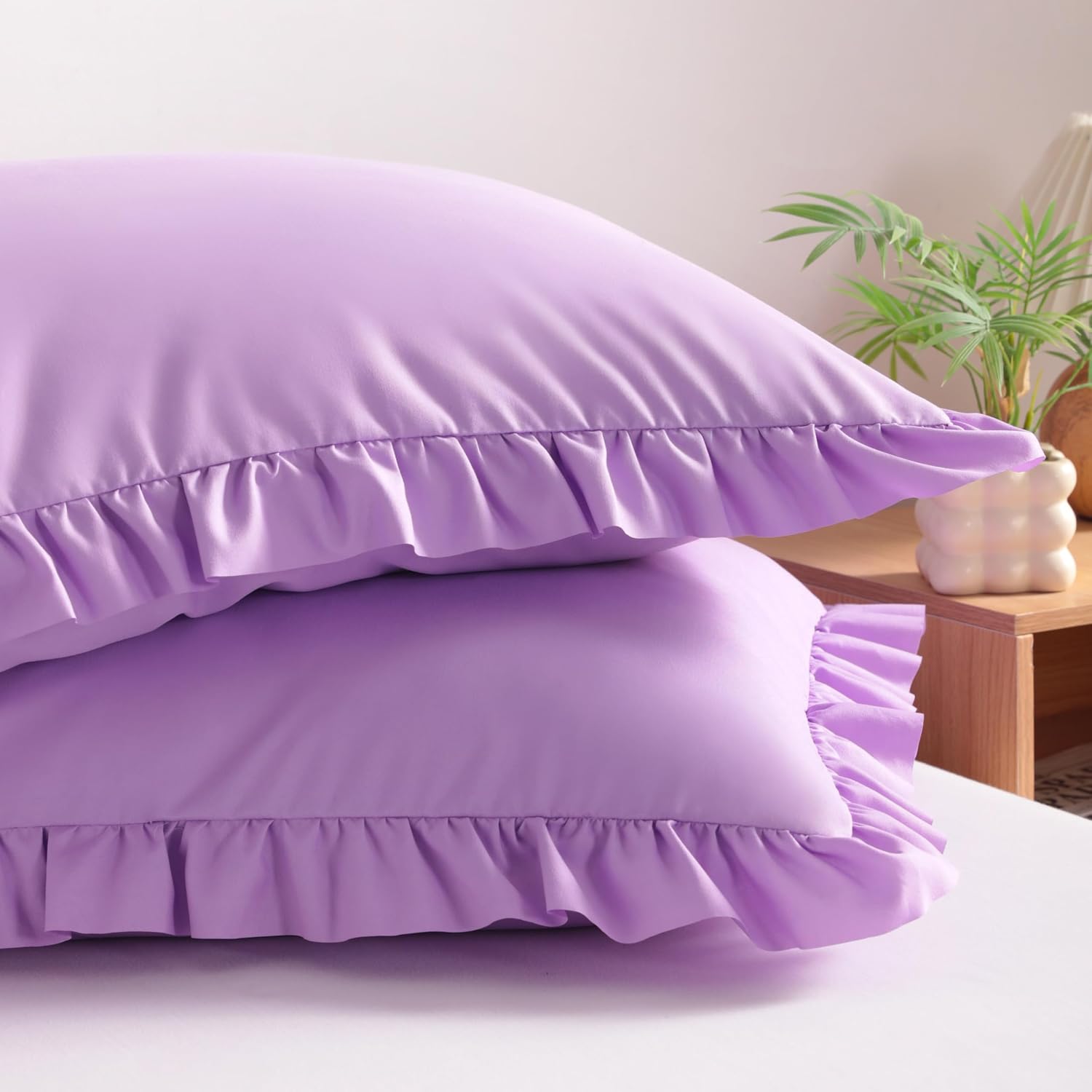 Bedsum Ruffled Pillow Shams Queen 20x30 Set of 2, Brushed Microfiber Pillowcases with Envelope Closure, Soft Wrinkle-Resistant, Light Purple
