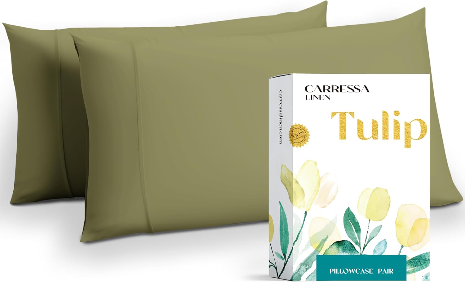 Carressa Linen Luxury Egyptian Cotton King Pillow Cases Set of 2-800 Series Tulips Collection Pillowcases for Sleeping (Sage Green)…