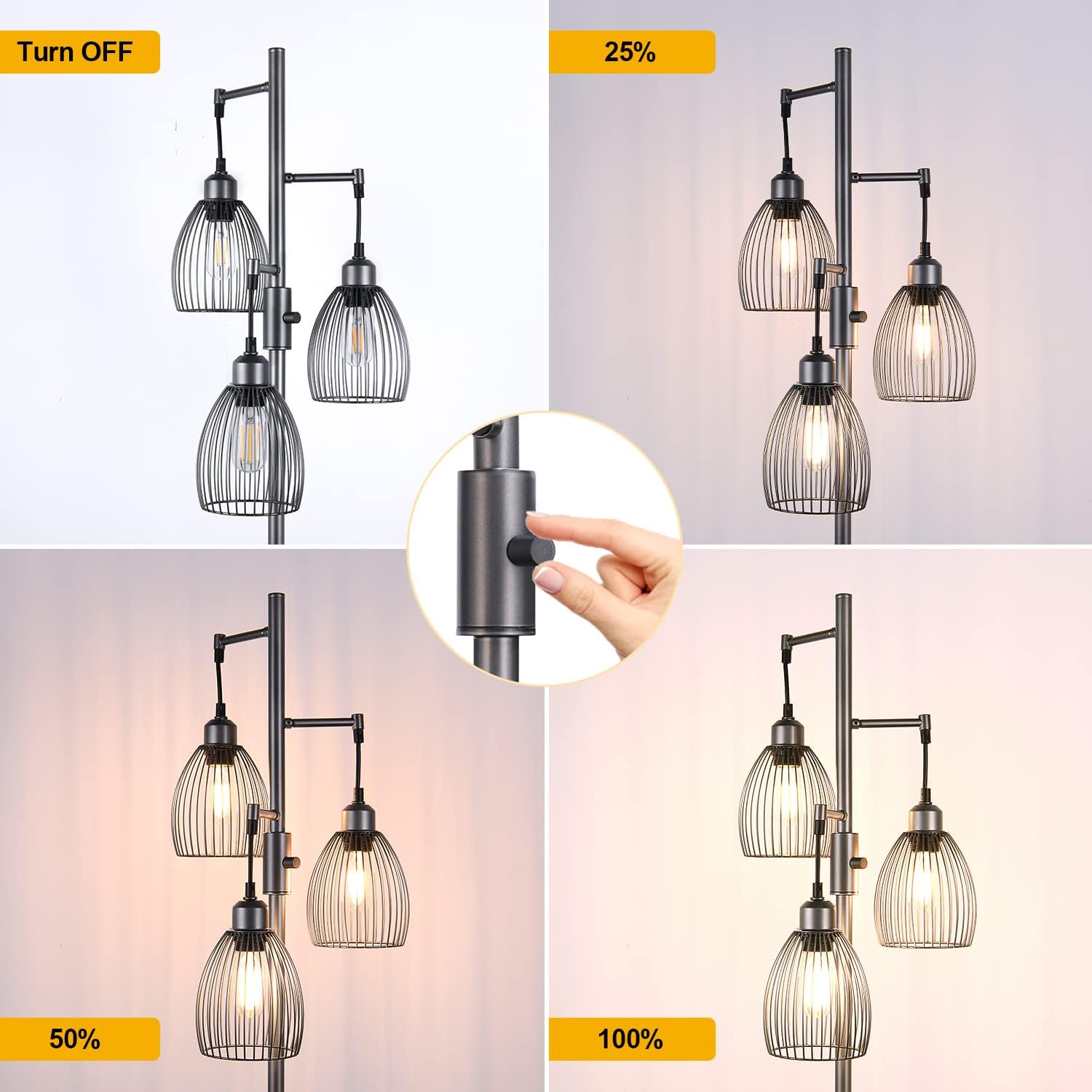 Nintiue Dimmable Floor Lamp, 3 x 800LM LED Edison Bulbs Included, Industrial Floor Lamp Standing Tree Lamp with Elegant Teardrop Cage…