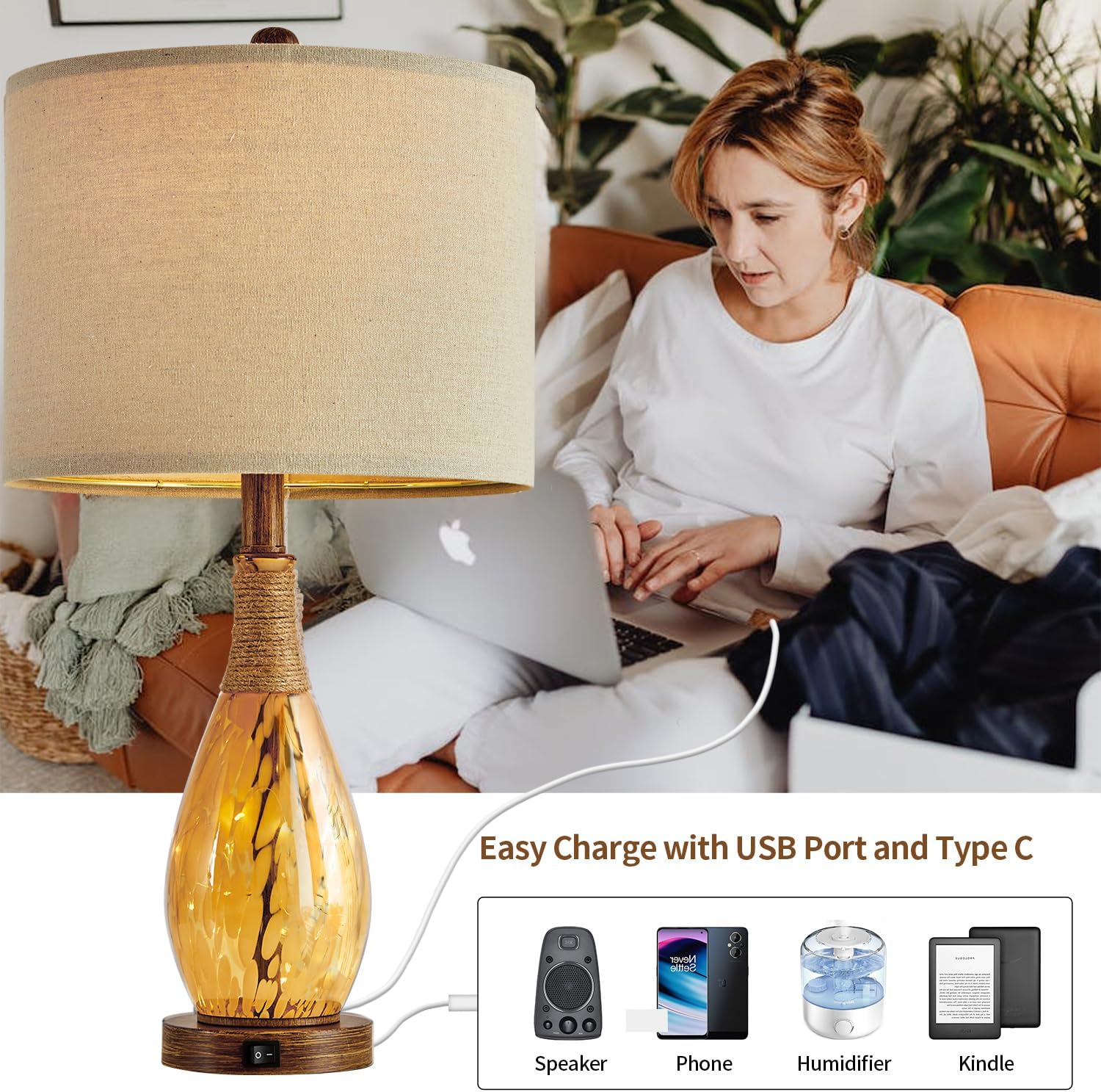 OYEARS 23" USB A+C Table Lamp for Bedroom Living Room Modern Bedside Lamps Retro Farmhouse Rattan Glass Nightstand Nightlight Lamps…