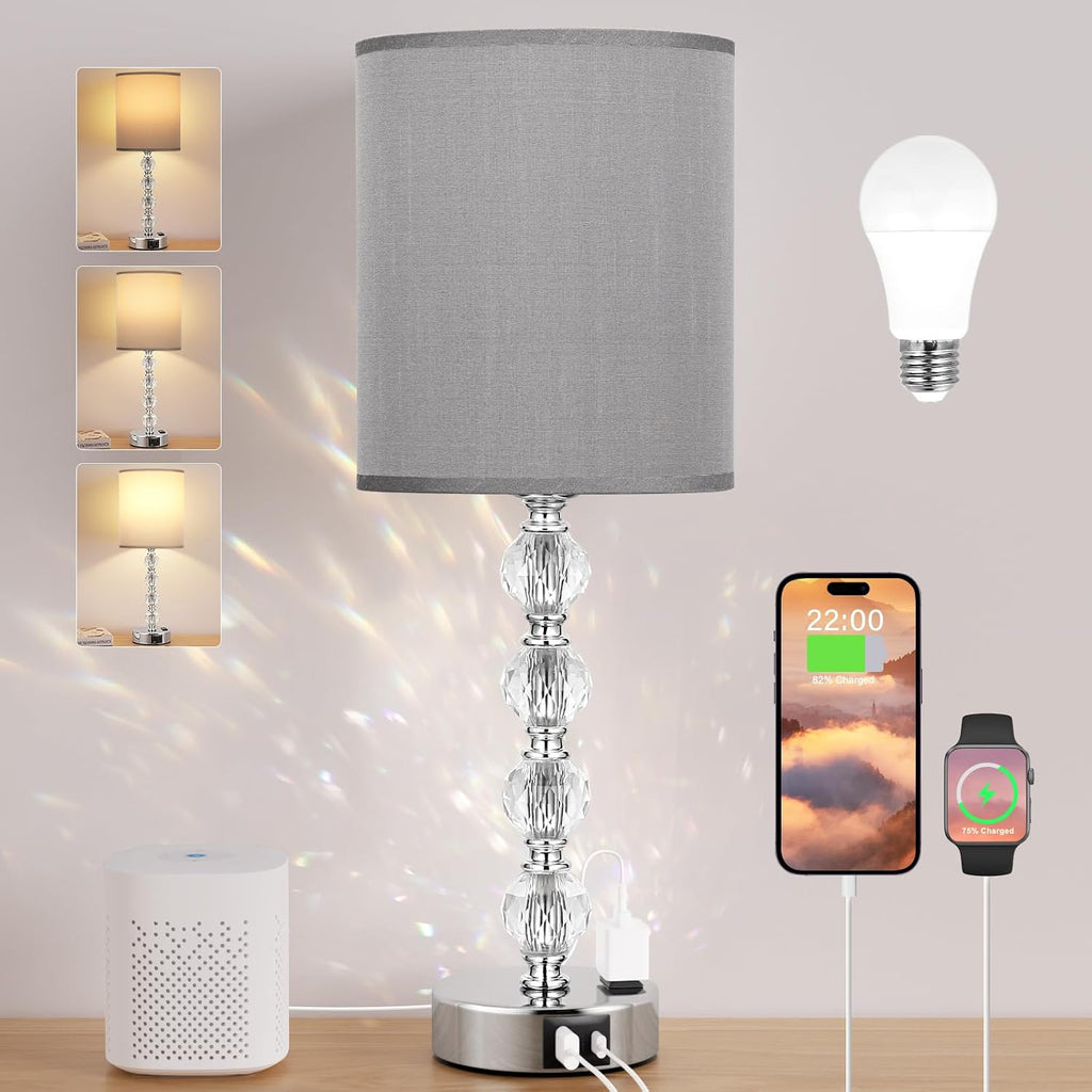 Touch Bedside Crystal Lamps for Bedrooms Nightstand with USB C+A Charging Port and AC Outlet White, 3 Way Dimmable Silver Large End Side…