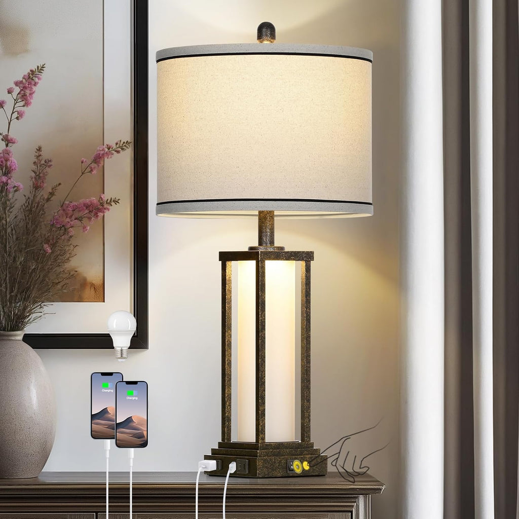 Cinkeda 27" Tall Vintage Table Lamp with USB C+A & Outlet, Bronze Industrial End Table Lamp for Living Room, Farmhouse Rustic Bedside Lamp…