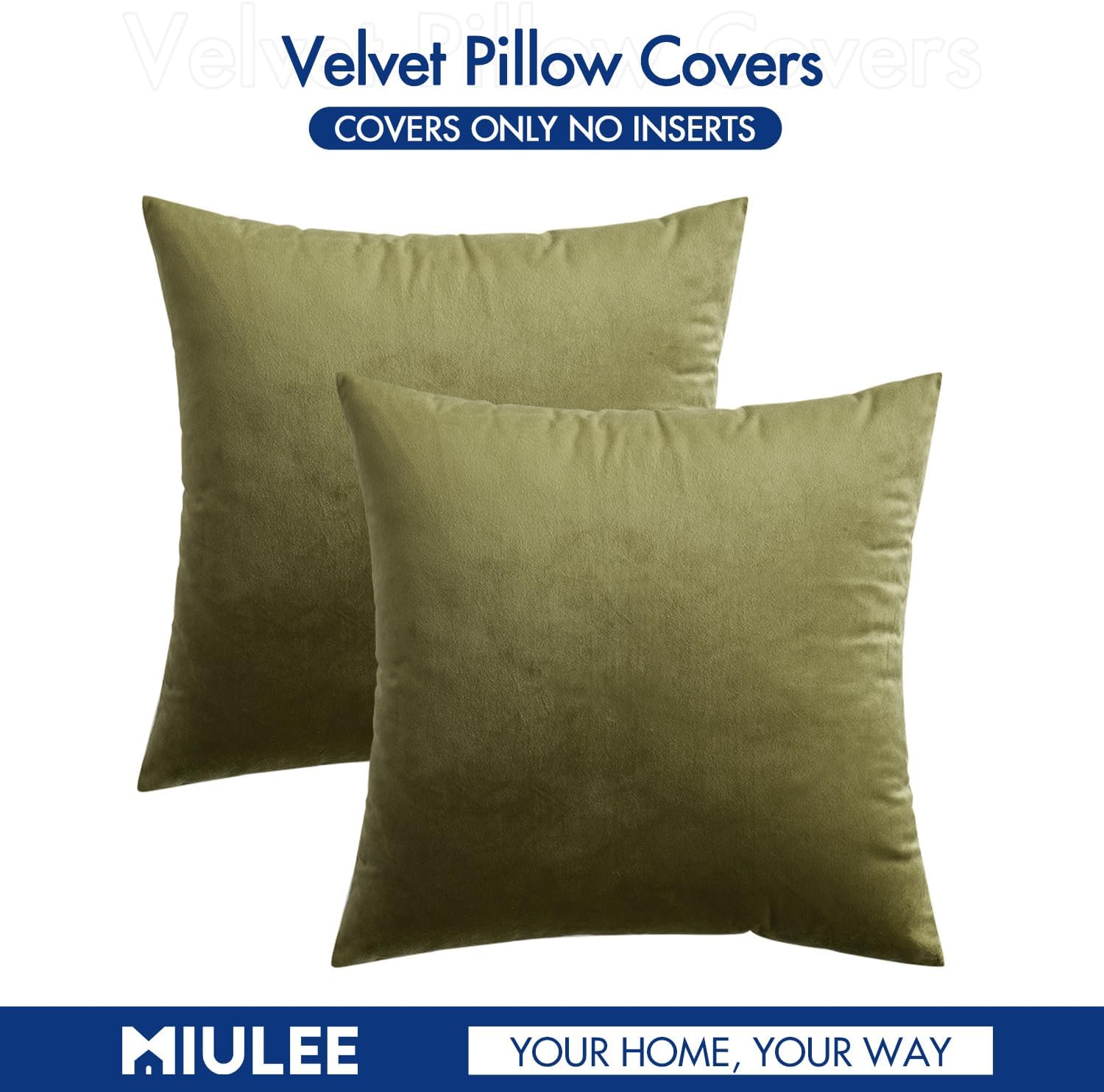 Miulee 24x24 Inch Euro Sham Velvet Pillow Covers, Set of 2 Large Square Decorative Pillows -Olive Green Super Soft for King Bed, Sofa, Couc…