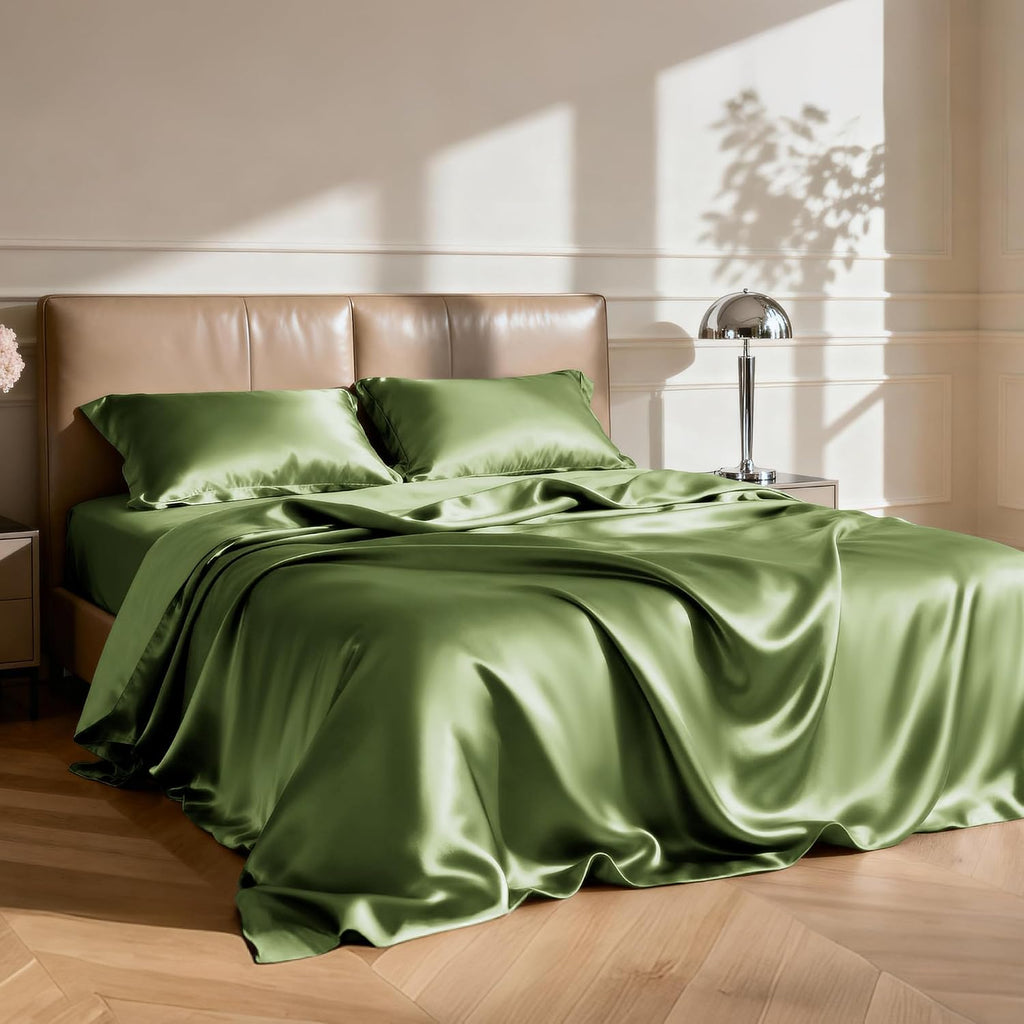 Lovescabin Love's cabin California King Satin Sheet Sets - 4 Piece Sage Silky Sheets Bed Set with Deep Pocket, Luxury Silk Feel Satin Cal K…