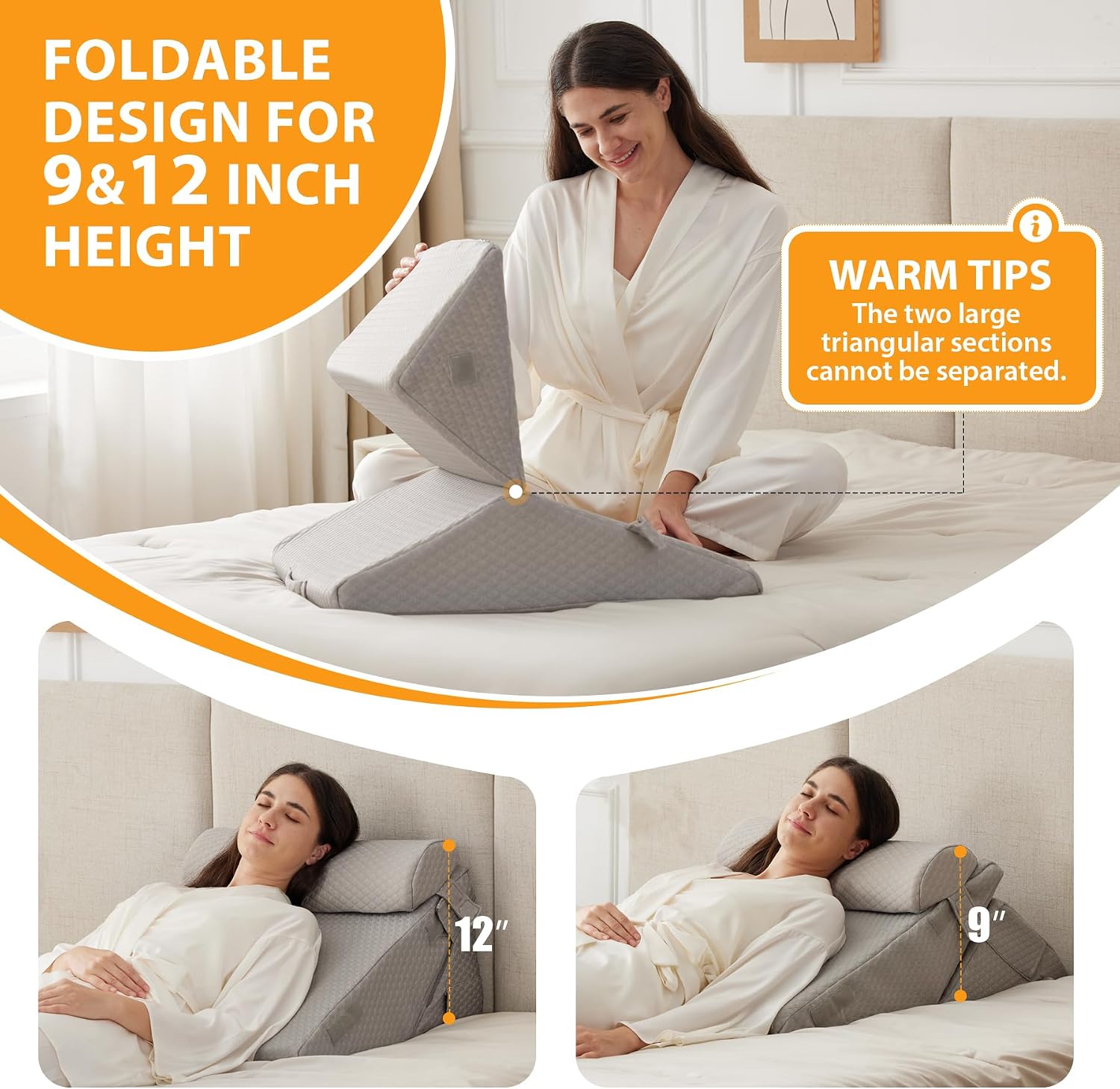 Ruqmuis 3PCS Wedge Pillow Set for After Surgery, Adjustable 9&12 Inch Bed Wedge Pillow for Sleeping, Incline Pillow Wedge for Headboard, Po…