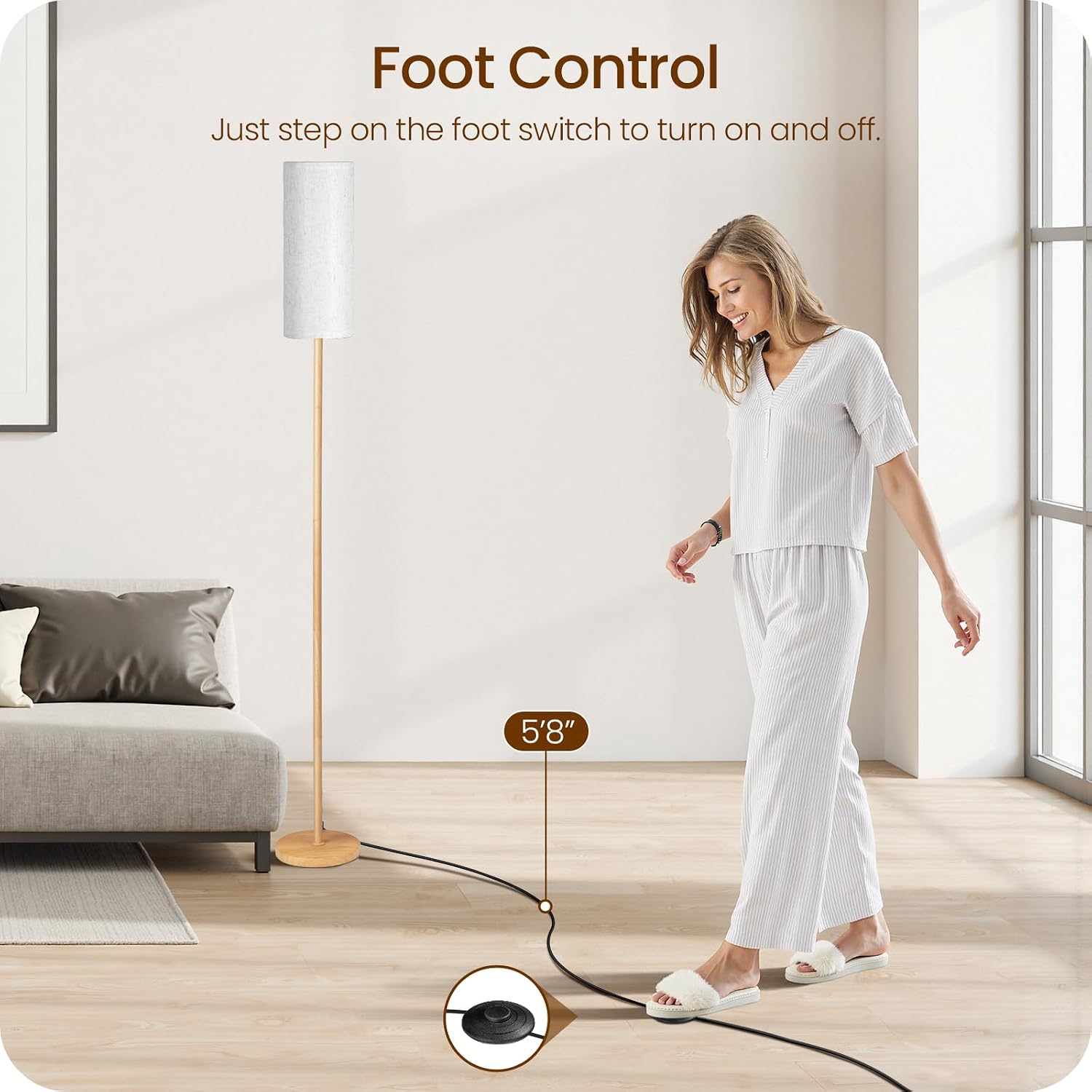 Wooden Textured Pole Lamp, Dimmable Floor Lamps for Living Room with Remote and Foot Switch, 64.4” Standing Tall Lamp, Corner Floor Light…