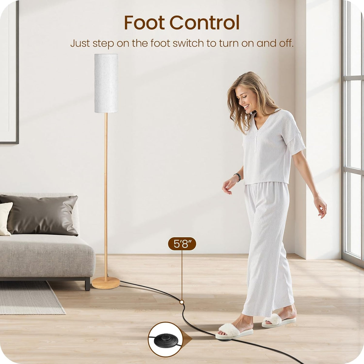 2 Pack Wooden Textured Pole Lamps, Dimmable Floor Lamp for Living Room with Remote and Foot Switch, 64.4” Standing Tall Lamp, Corner…