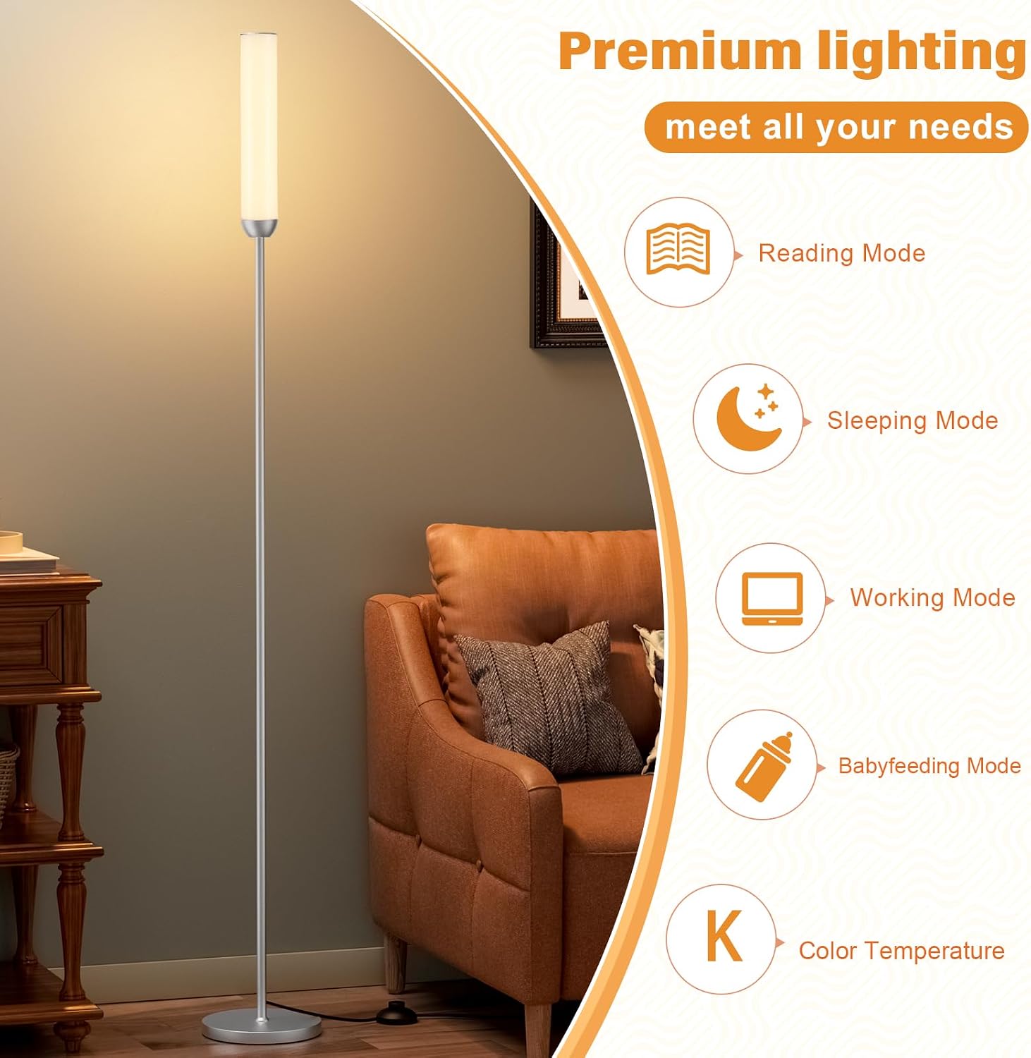 Ambimall LED Floor Lamp with Remote Control, 65" Standing lamp with Stepless Adjustable 3000K-6500K Colors & 30-100% Brightness, Foot…