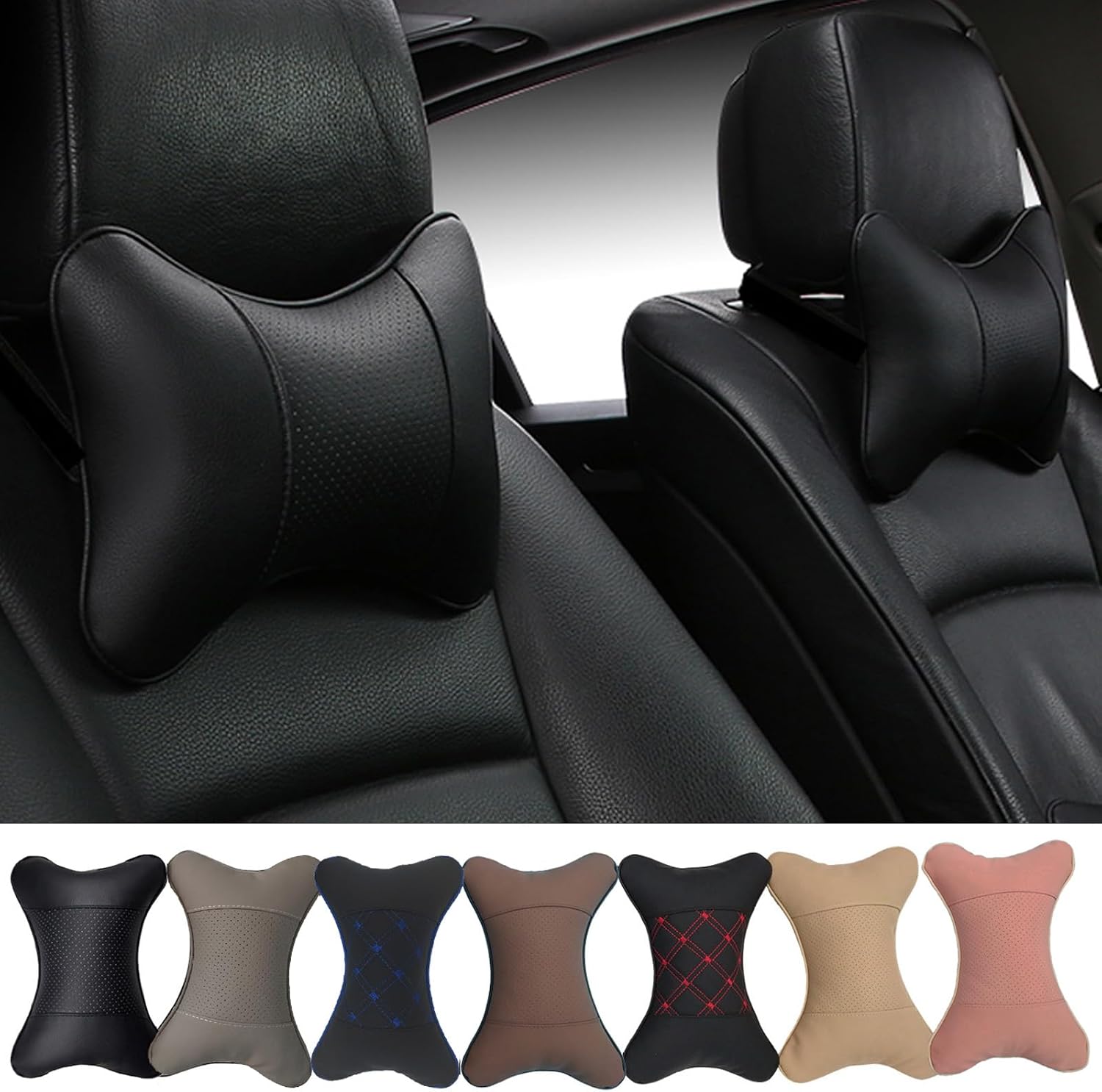 Professinalcaraccessories Car Neck Pillows Both Side Pu Leather 2pieces Pack Headrest Fit for Most Cars Filled Fiber Universal Car Pillow (…
