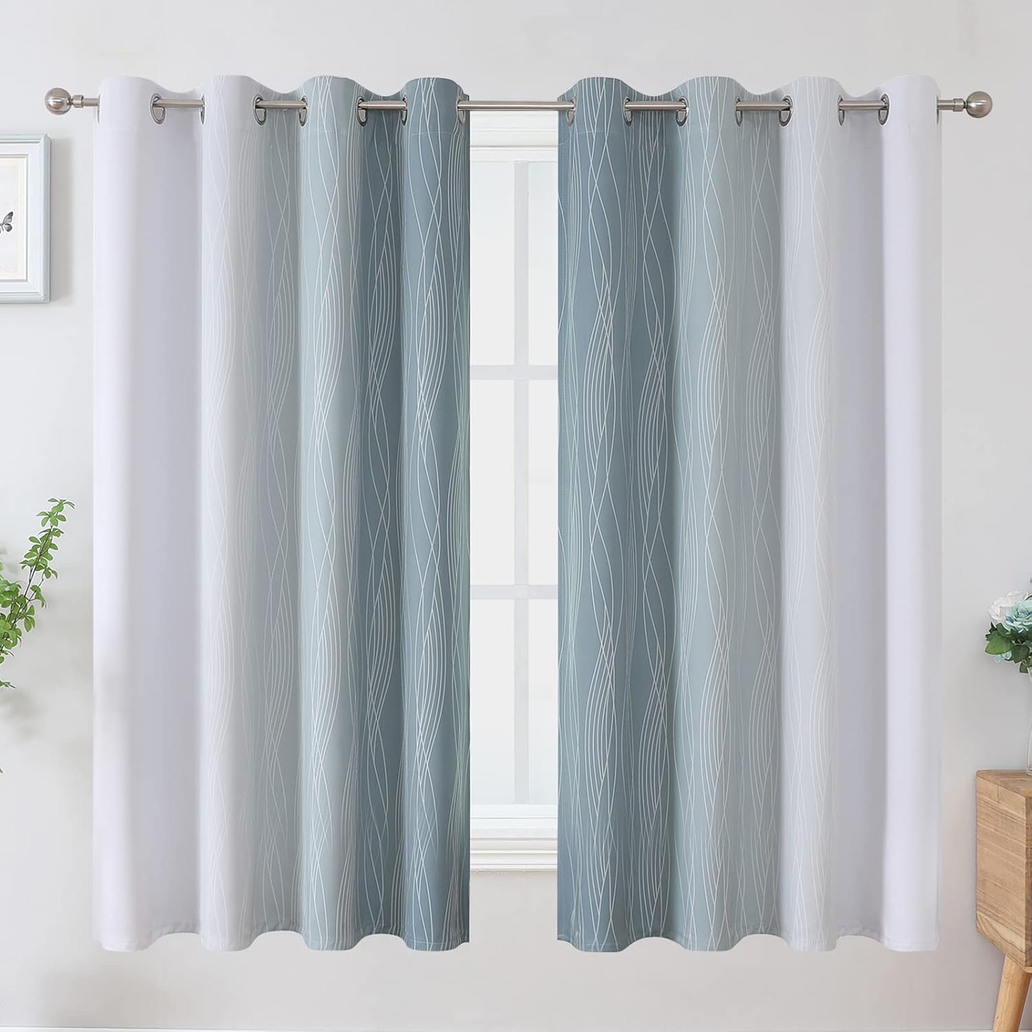 Estelartextiler Estelar Textiler Stone Blue and Greyish White Blackout Curtains 63 Inch Length 2 Panels Set, Room Darkening Grommet Ombre C…