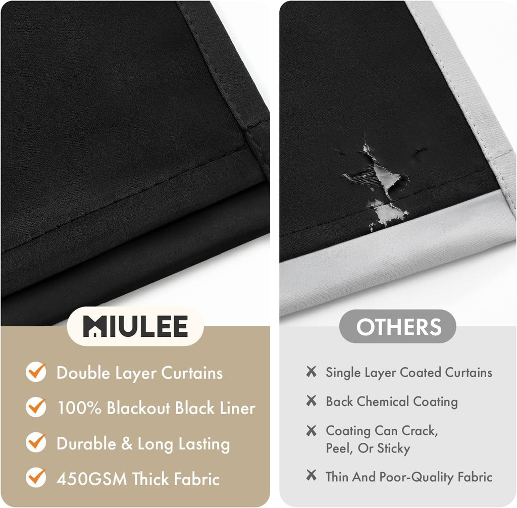 Miulee Black 100% Blackout Curtains for Bedroom 90 Inch Long, 2 Thick Layers Thermal Insulated Full Blackout Window Curtains with Black Lin…