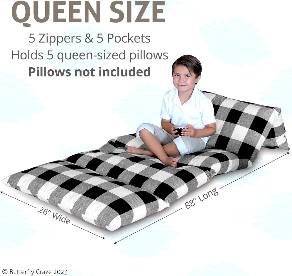 Butterfly Craze Floor Pillow Case, Mattress Bed Lounger Cover, Black/White, Queen Size - Cozy Seating Solution for Kids & Adults…