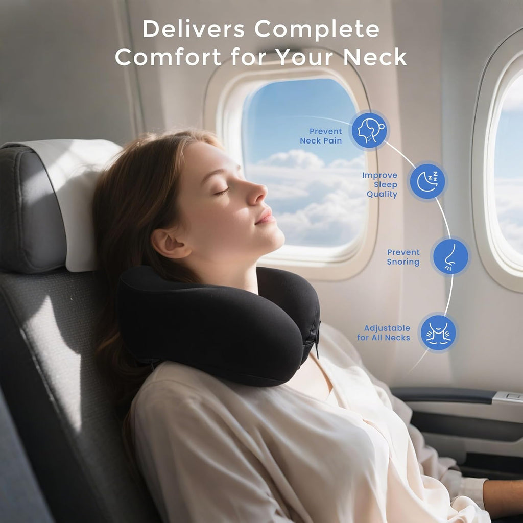 Travel Neck Pillow for Airplane, Neck Travel Pillow, Upgraded Soft 100% Pure Memory Foam - Lightweight and Stowable - Ergonomic Design…