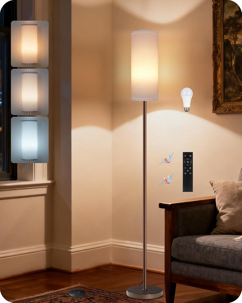 Dimmable Floor Lamps for Living Room with Remote and Foot Switch, 64.4” Modern Standing Tall Lamp, Corner Lamp for Bedroom, Bulb…