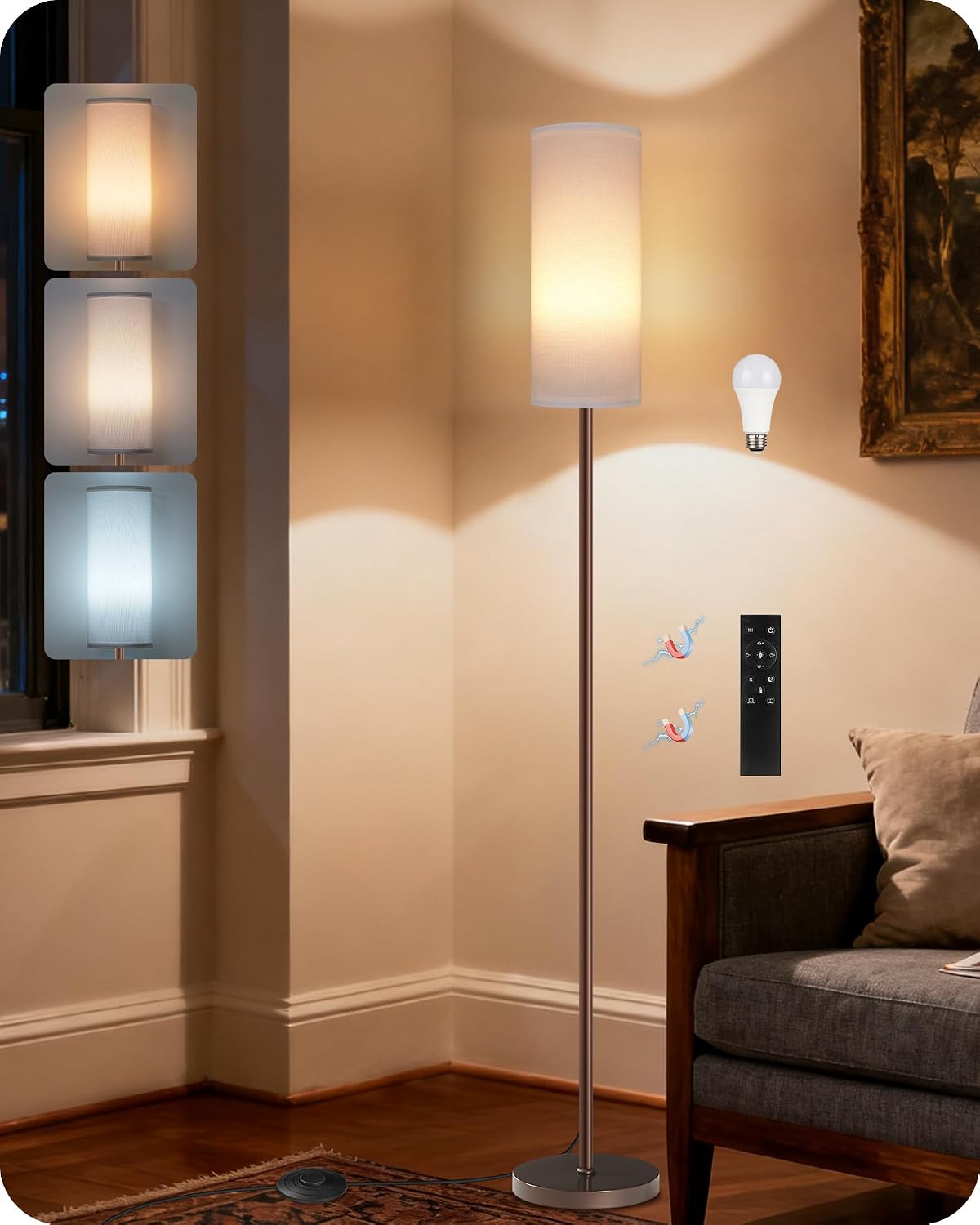 Dimmable Floor Lamps for Living Room with Remote and Foot Switch, 64.4” Modern Standing Tall Lamp, Corner Lamp for Bedroom, Bulb…