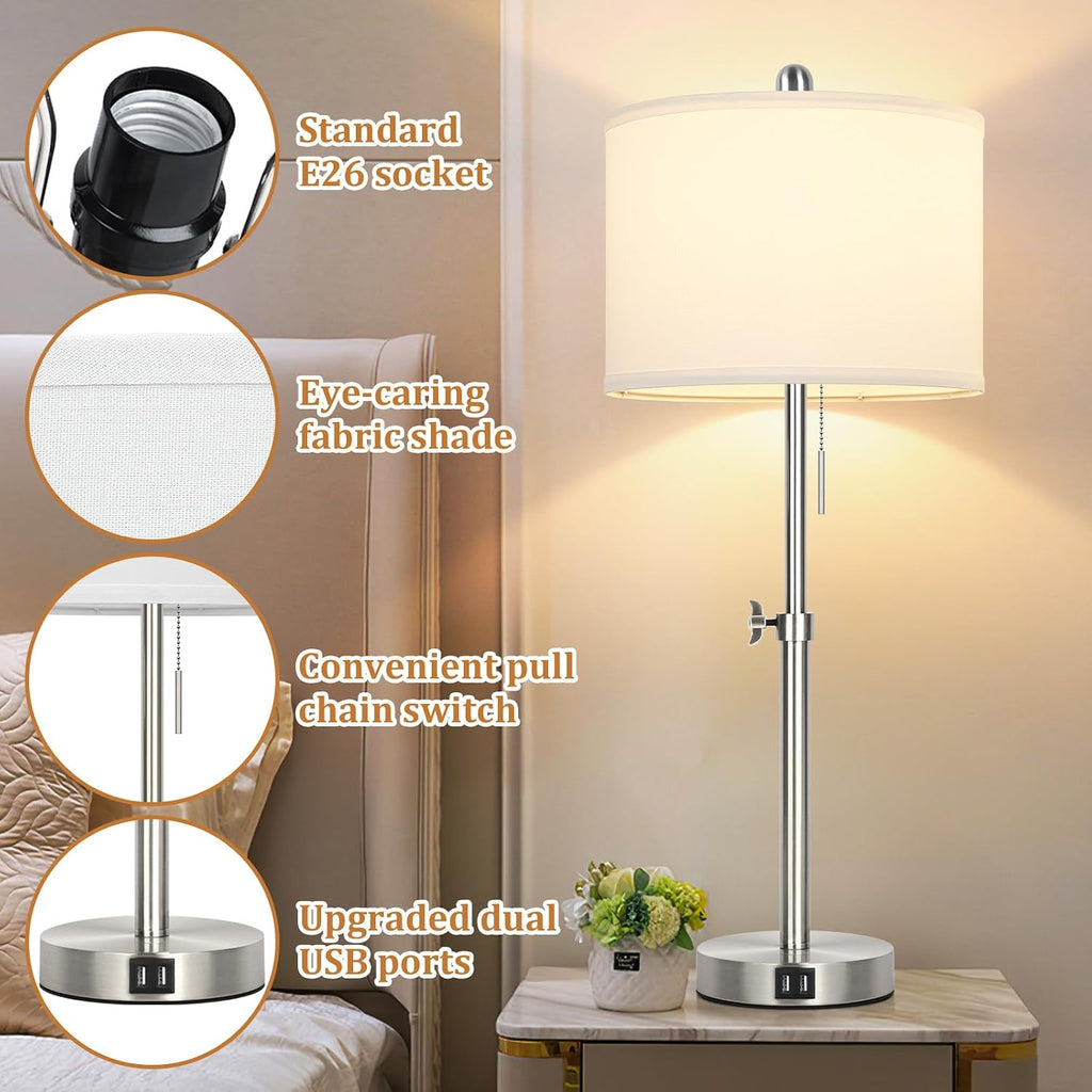 Kondras Table Lamp Set of 2 for Bedroom, Bedside Lamp with 2 USB Ports, 23" to 30" Height Adjustable Tall Table Lamp for Living Room End…